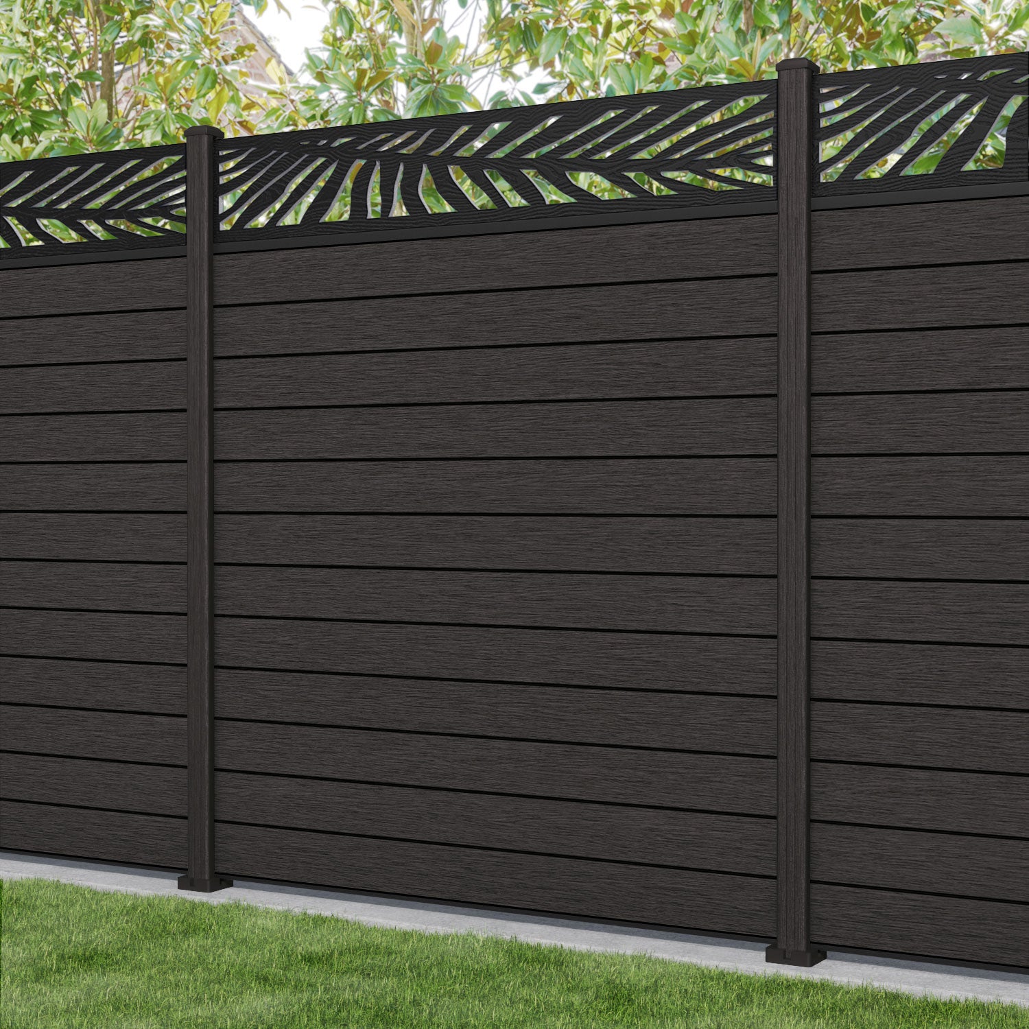 Fusion Palm Fence Panel - Dark Oak - with our composite posts