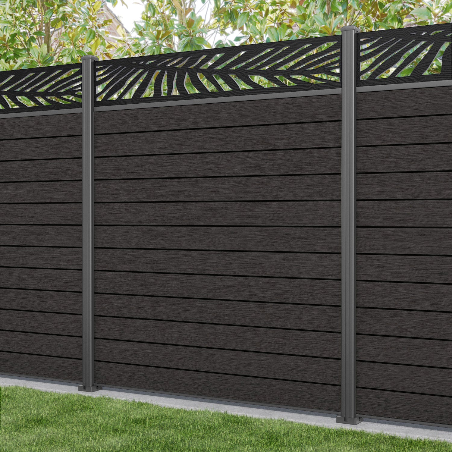 Fusion Palm Fence Panel - Dark Oak - with our aluminium posts