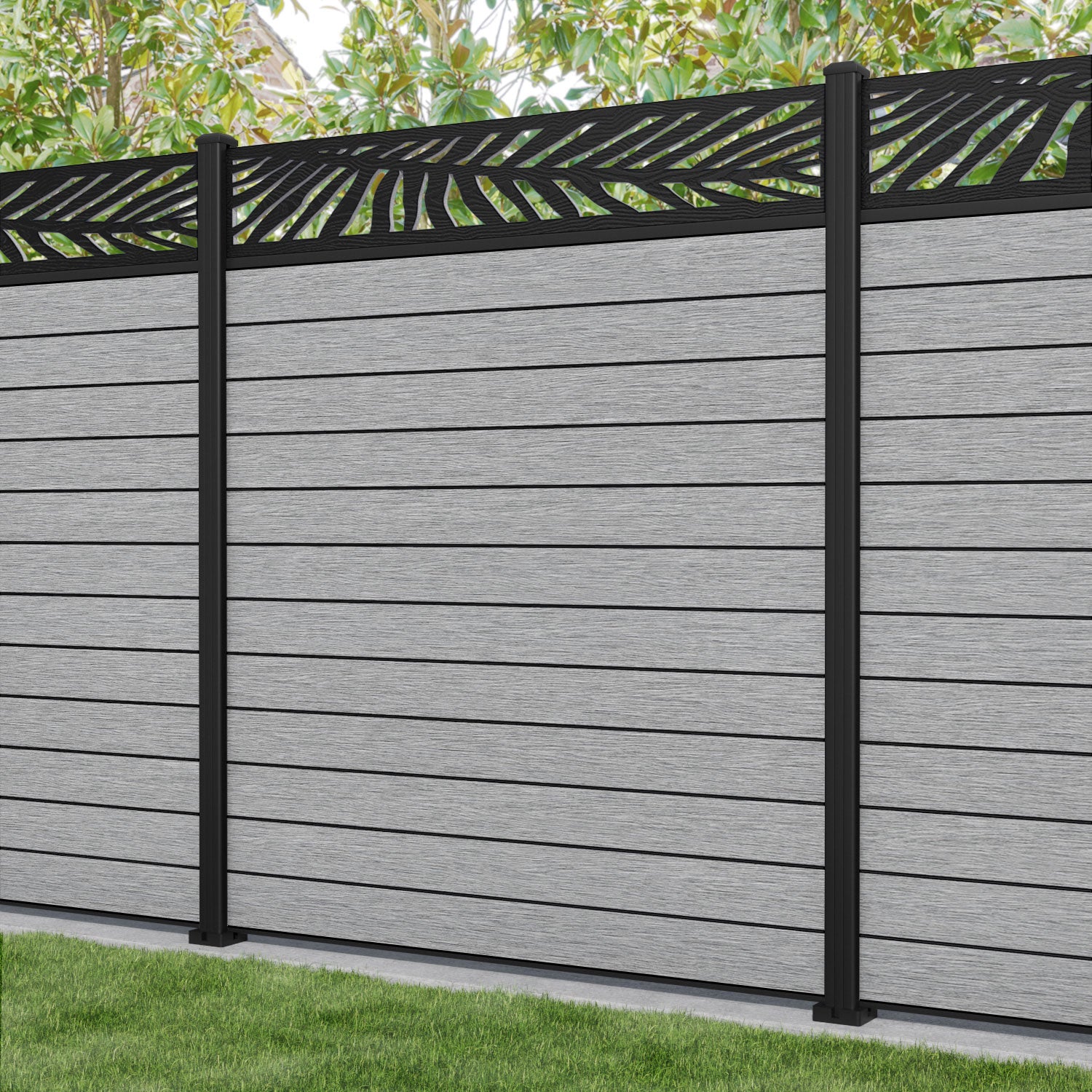 Fusion Palm Fence Panel - Light Grey - with our aluminium posts