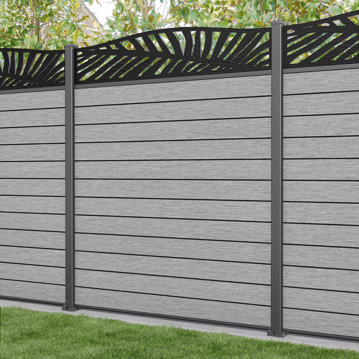 Fusion Palm Curved Top Fence Panel - Light Grey - with our aluminium posts