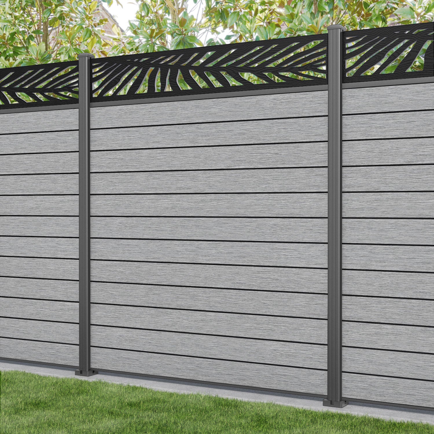 Fusion Palm Fence Panel - Light Grey - with our aluminium posts