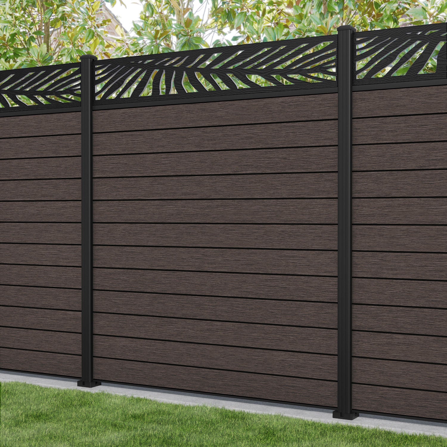Fusion Palm Fence Panel - Mid Brown - with our aluminium posts