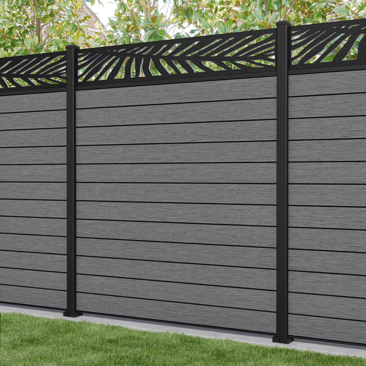 Fusion Palm Fence Panel - Mid Grey - with our aluminium posts