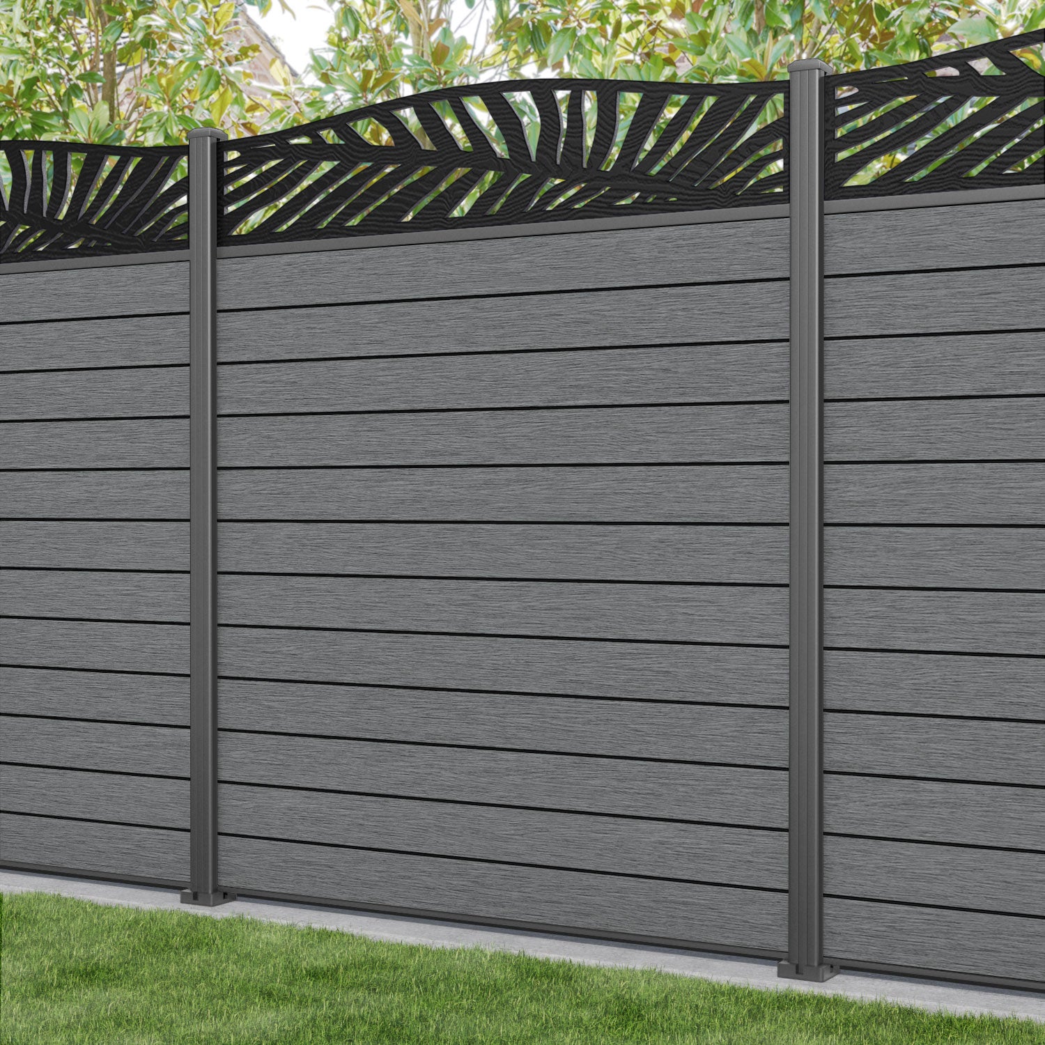 Fusion Palm Curved Top Fence Panel - Mid Grey - with our aluminium posts