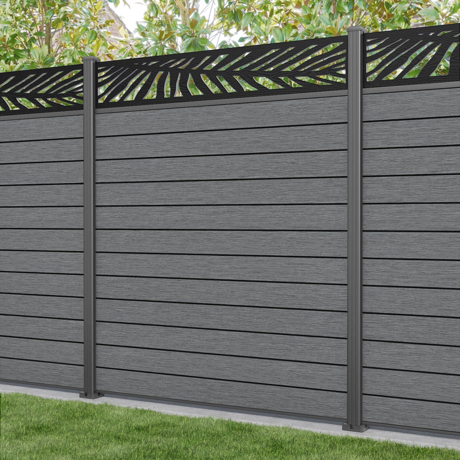 Fusion Palm Fence Panel - Mid Grey - with our aluminium posts