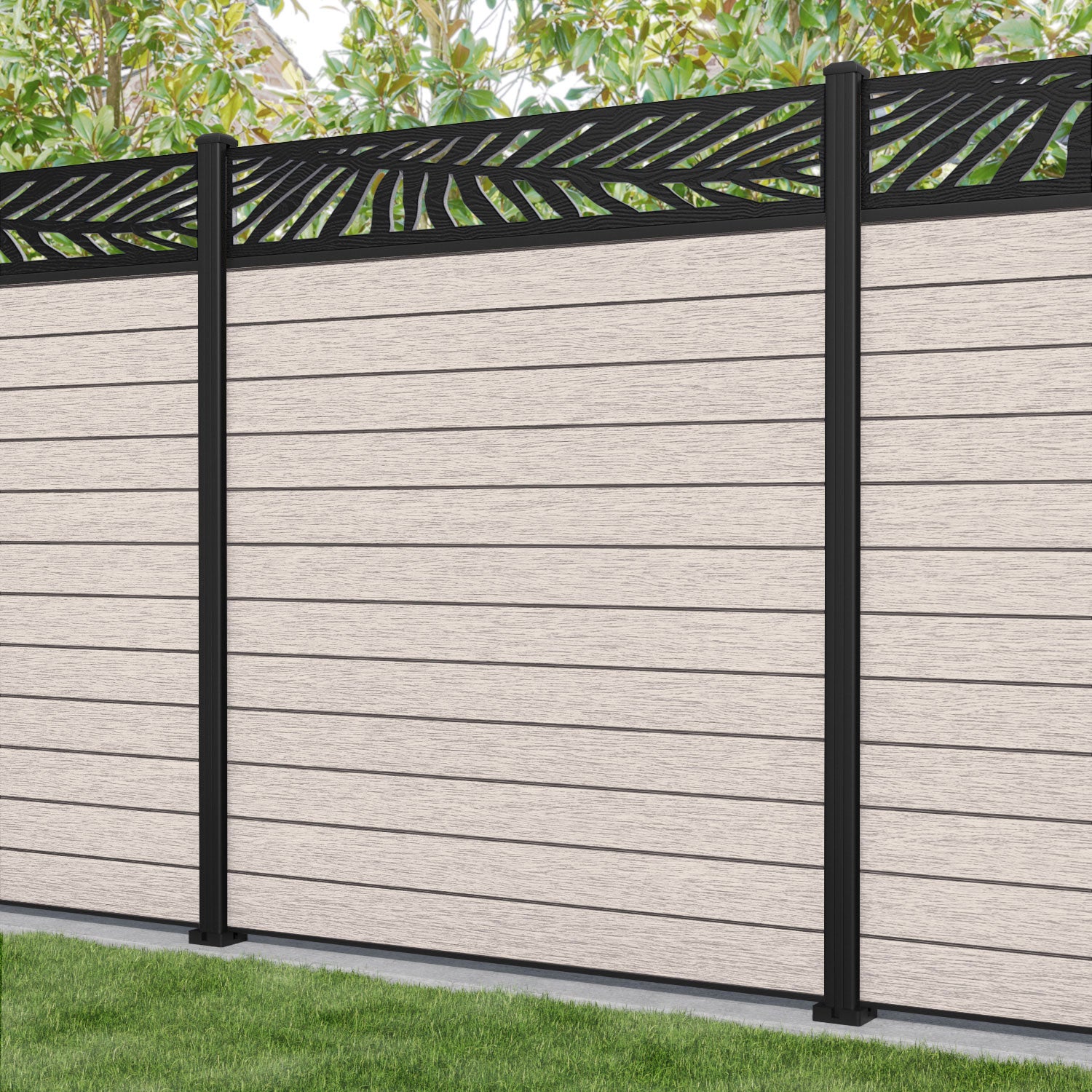 Fusion Palm Fence Panel - Mid Stone - with our aluminium posts