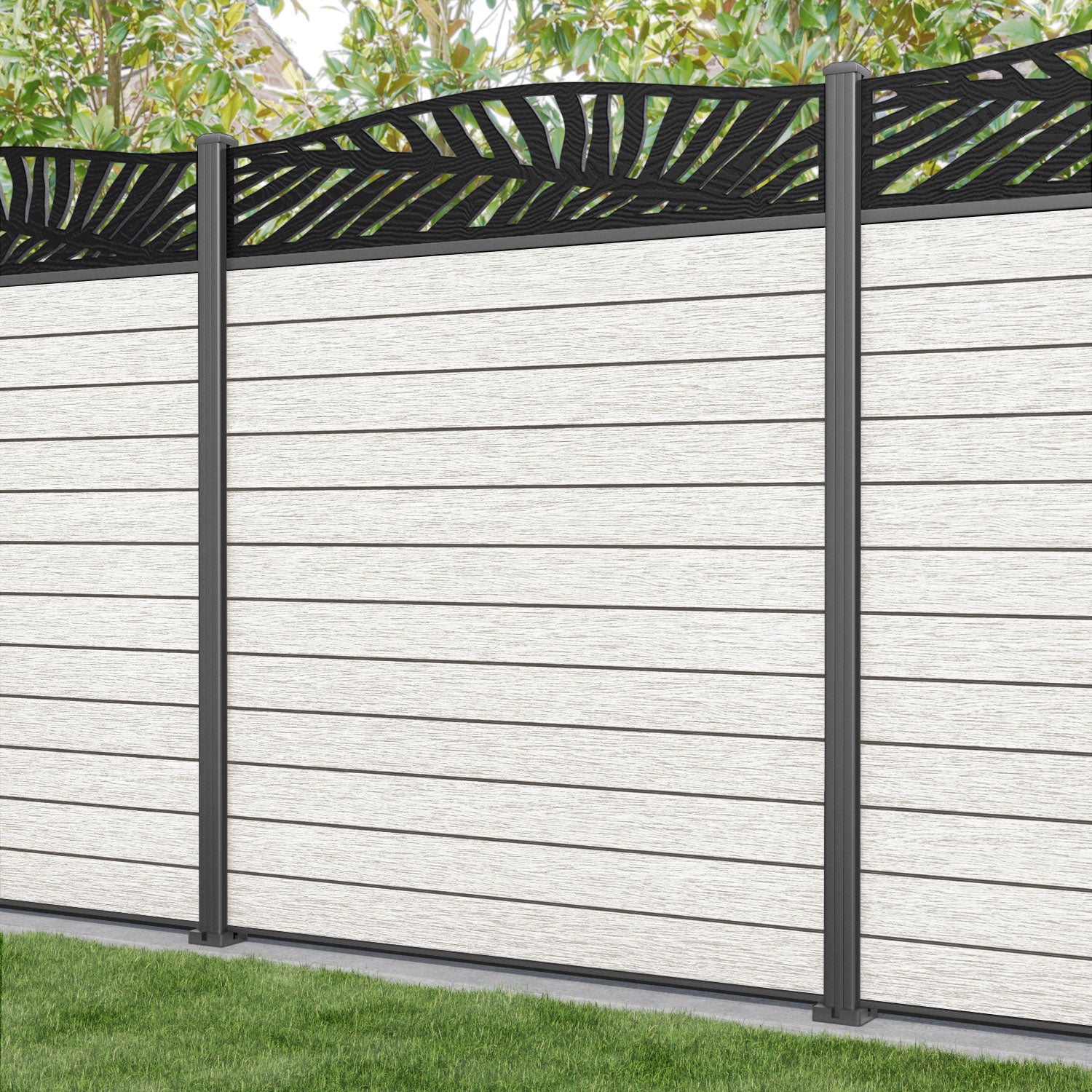Fusion Palm Curved Top Fence Panel - Light Stone - with our aluminium posts