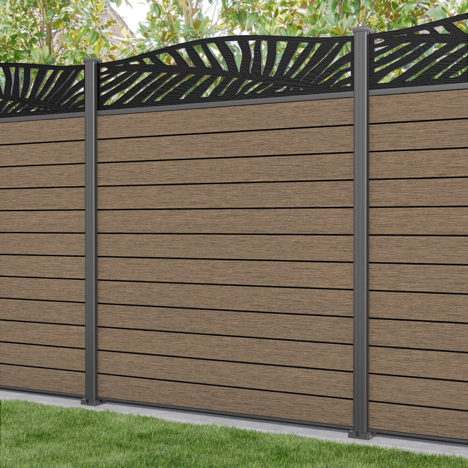 Fusion Palm Curved Top Fence Panel - Teak - with our aluminium posts