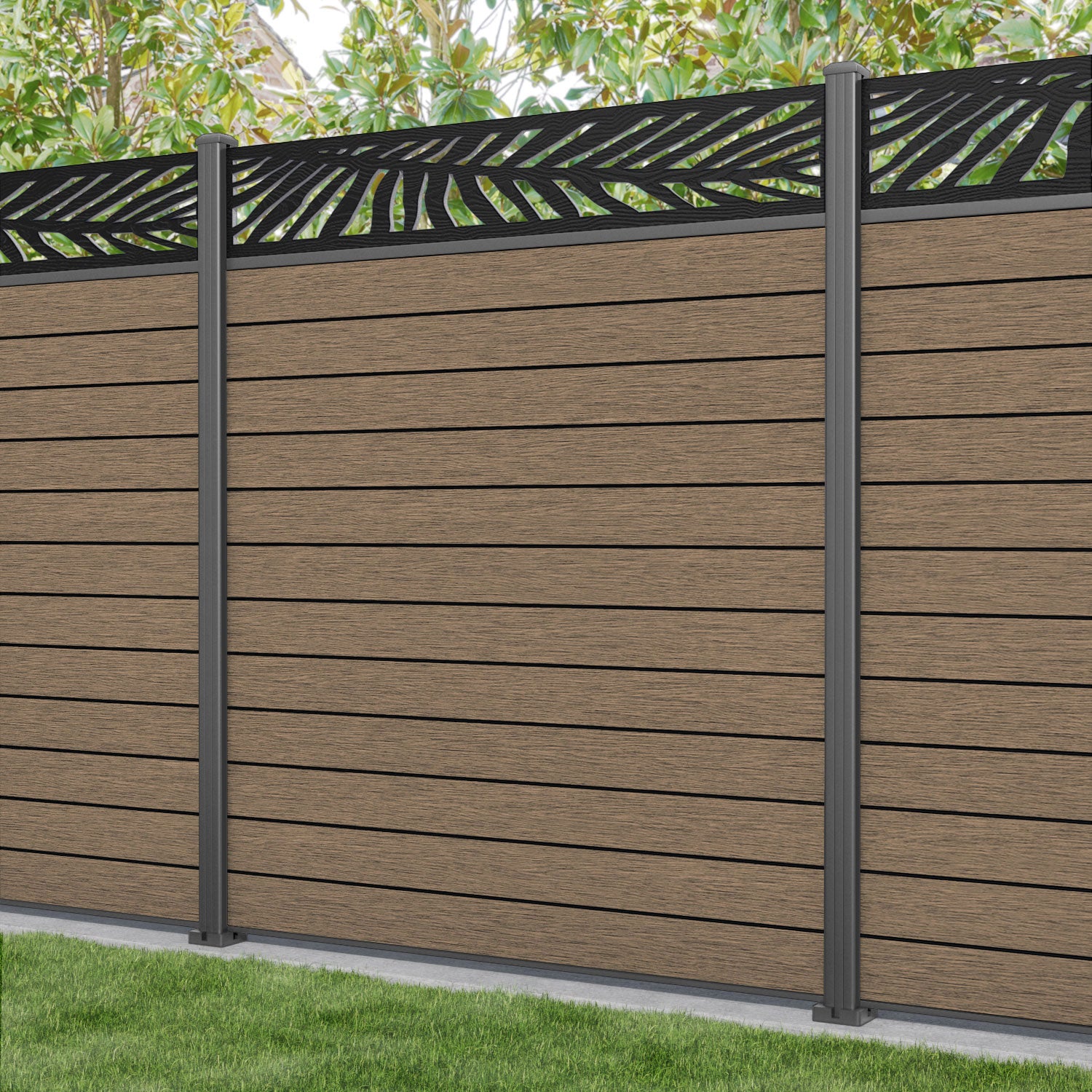 Fusion Palm Fence Panel - Teak - with our aluminium posts