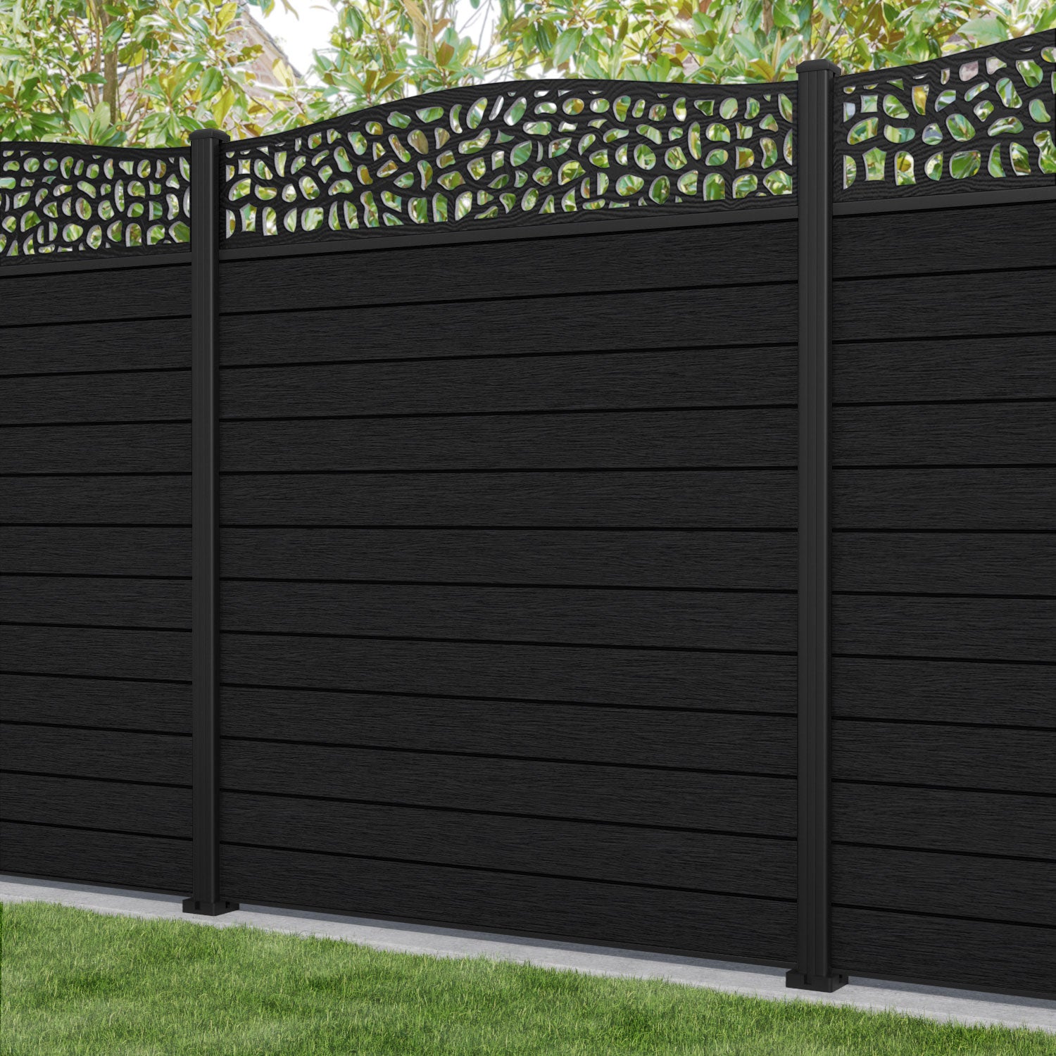 Fusion Pebble Curved Top Fence Panel - Black - with our aluminium posts