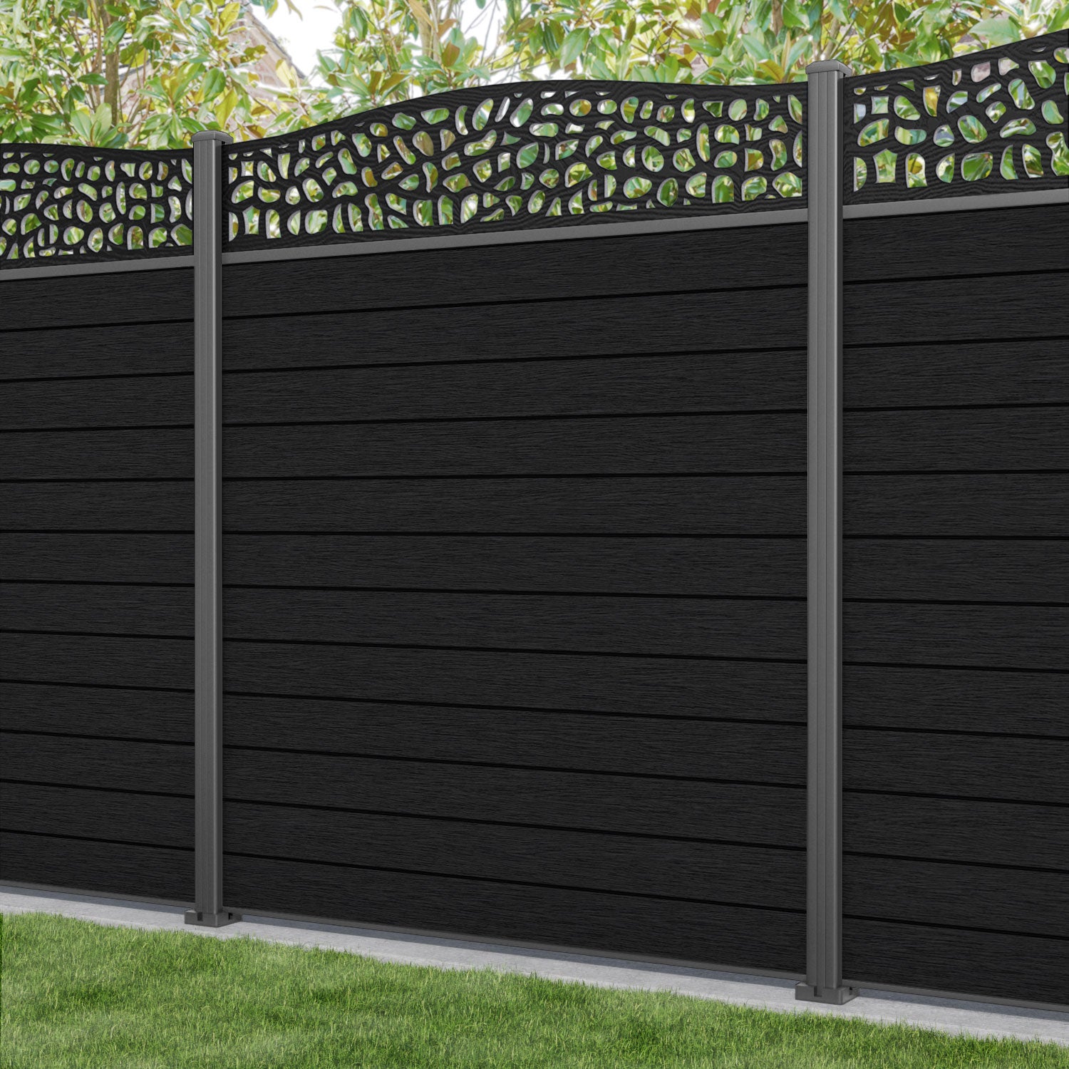 Fusion Pebble Curved Top Fence Panel - Black - with our aluminium posts