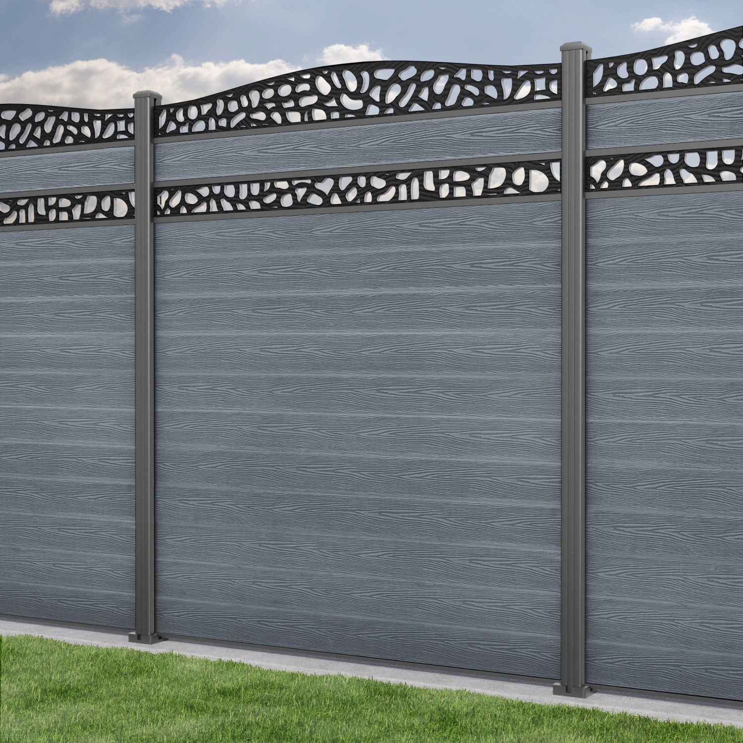 Classic Pebble Curved Top Split Screen Fence Panel - Anthracite - with our aluminium posts