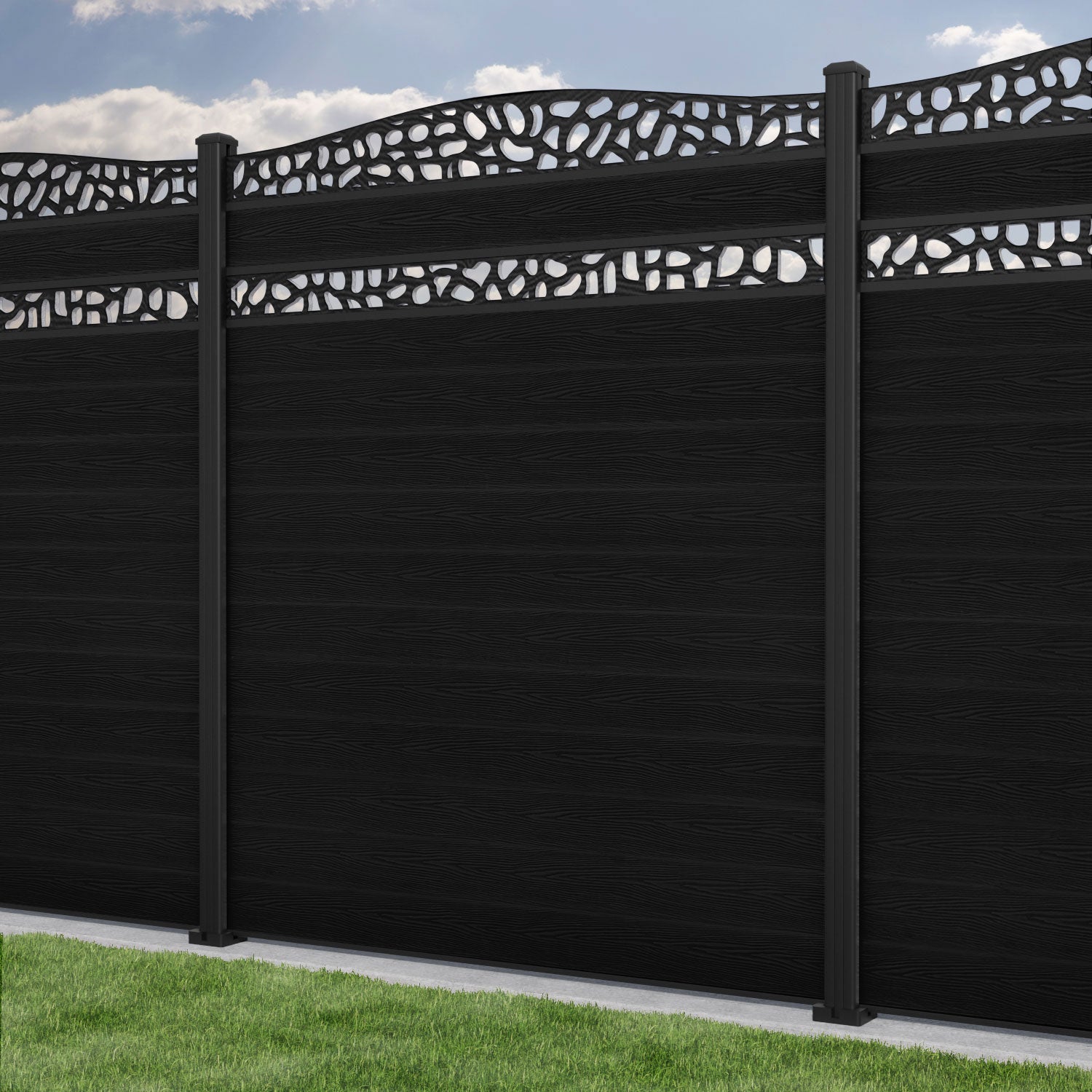 Classic Pebble Curved Top Split Screen Fence Panel - Black - with our aluminium posts