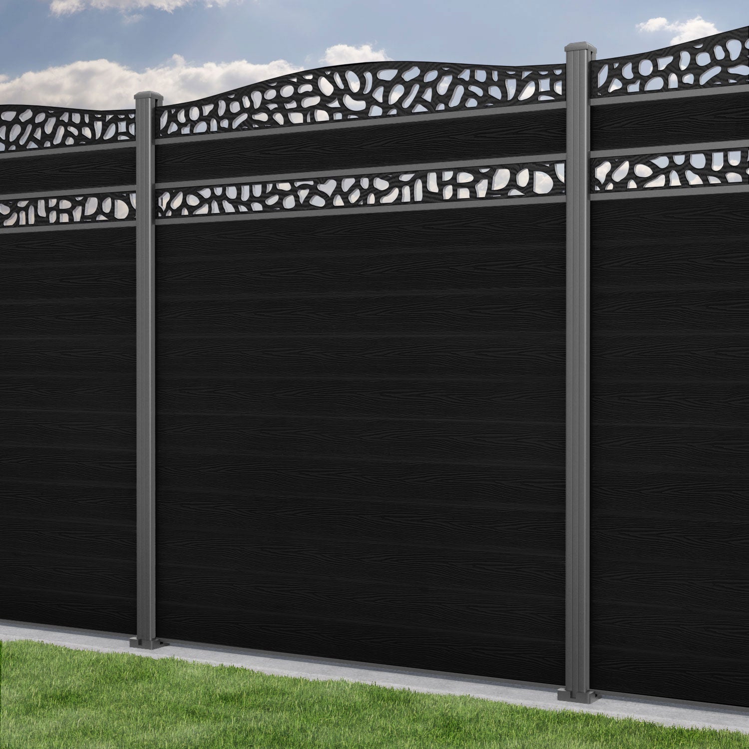 Classic Pebble Curved Top Split Screen Fence Panel - Black - with our aluminium posts