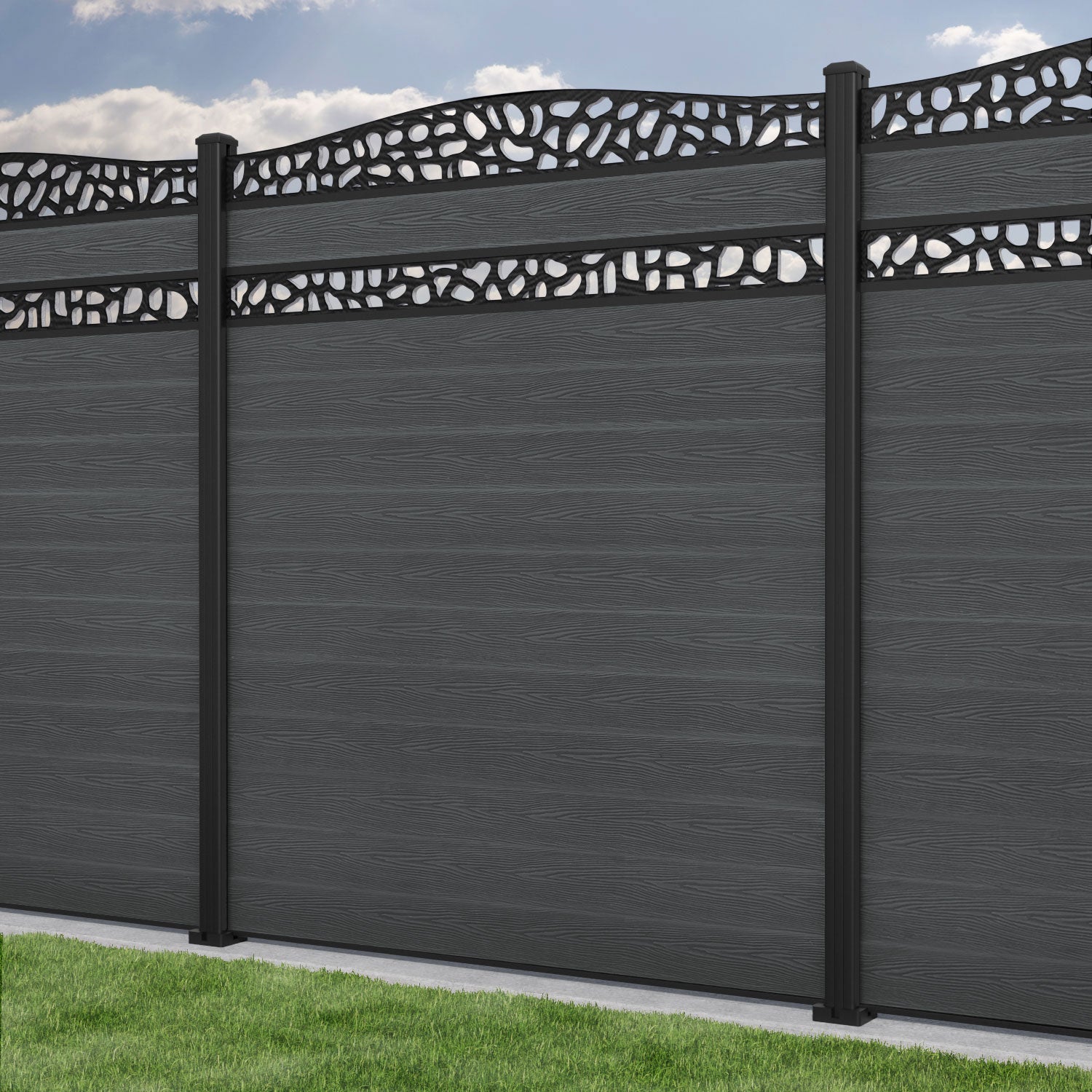 Classic Pebble Curved Top Split Screen Fence Panel - Dark Grey - with our aluminium posts