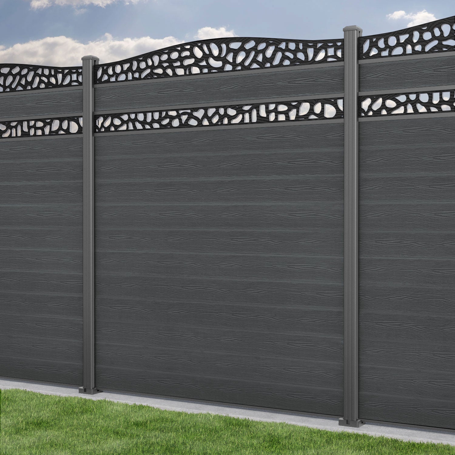Classic Pebble Curved Top Split Screen Fence Panel - Dark Grey - with our aluminium posts