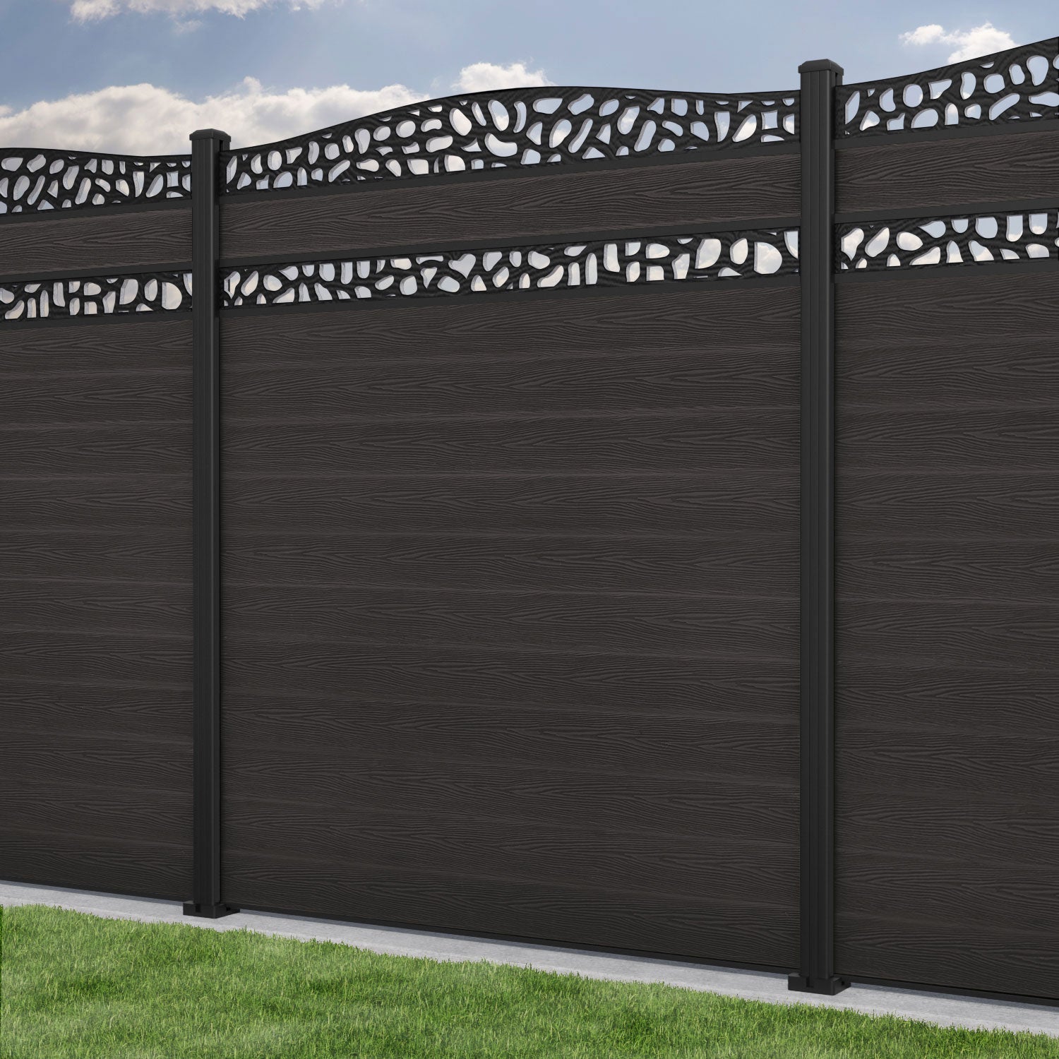 Classic Pebble Curved Top Split Screen Fence Panel - Dark Oak - with our aluminium posts