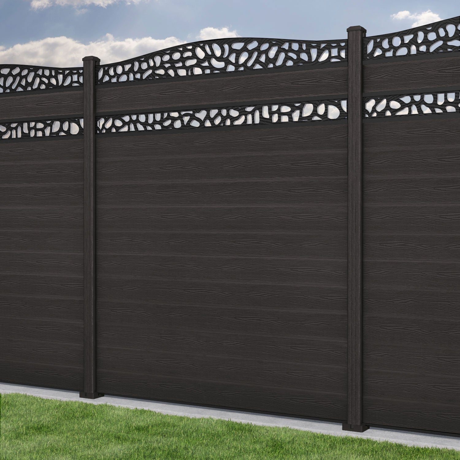 Classic Pebble Curved Top Split Screen Fence Panel - Dark Oak - with our composite posts