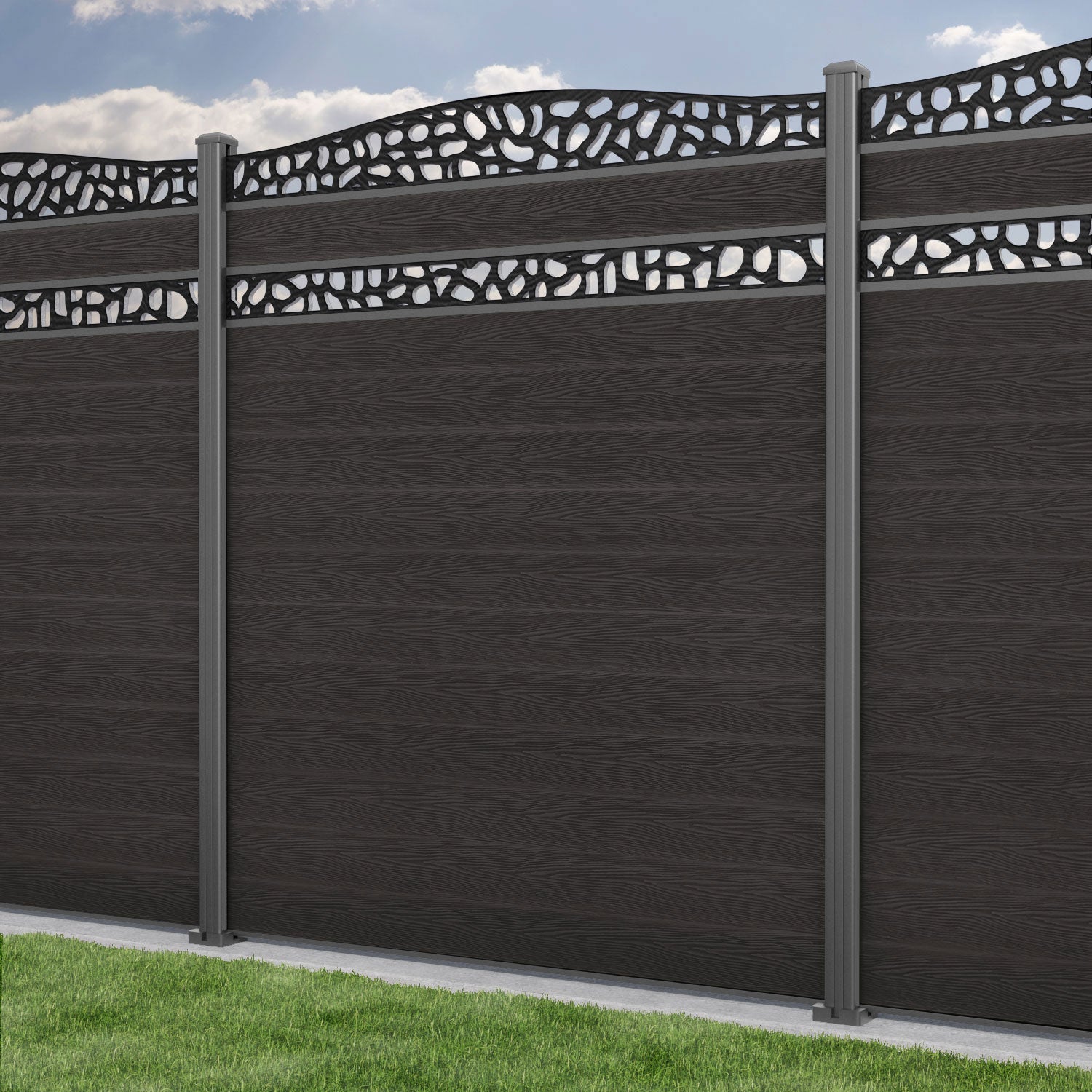 Classic Pebble Curved Top Split Screen Fence Panel - Dark Oak - with our aluminium posts