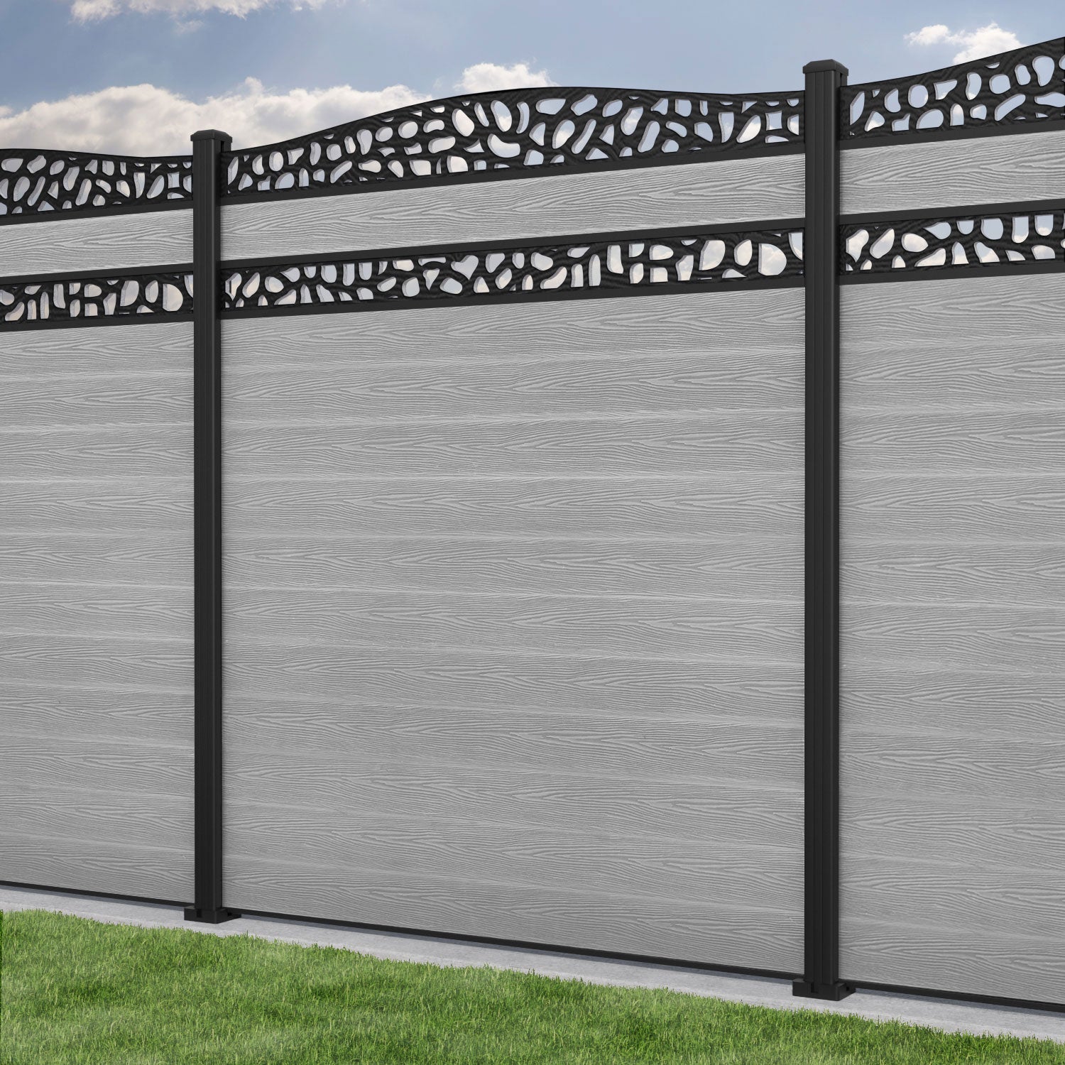 Classic Pebble Curved Top Split Screen Fence Panel - Light Grey - with our aluminium posts