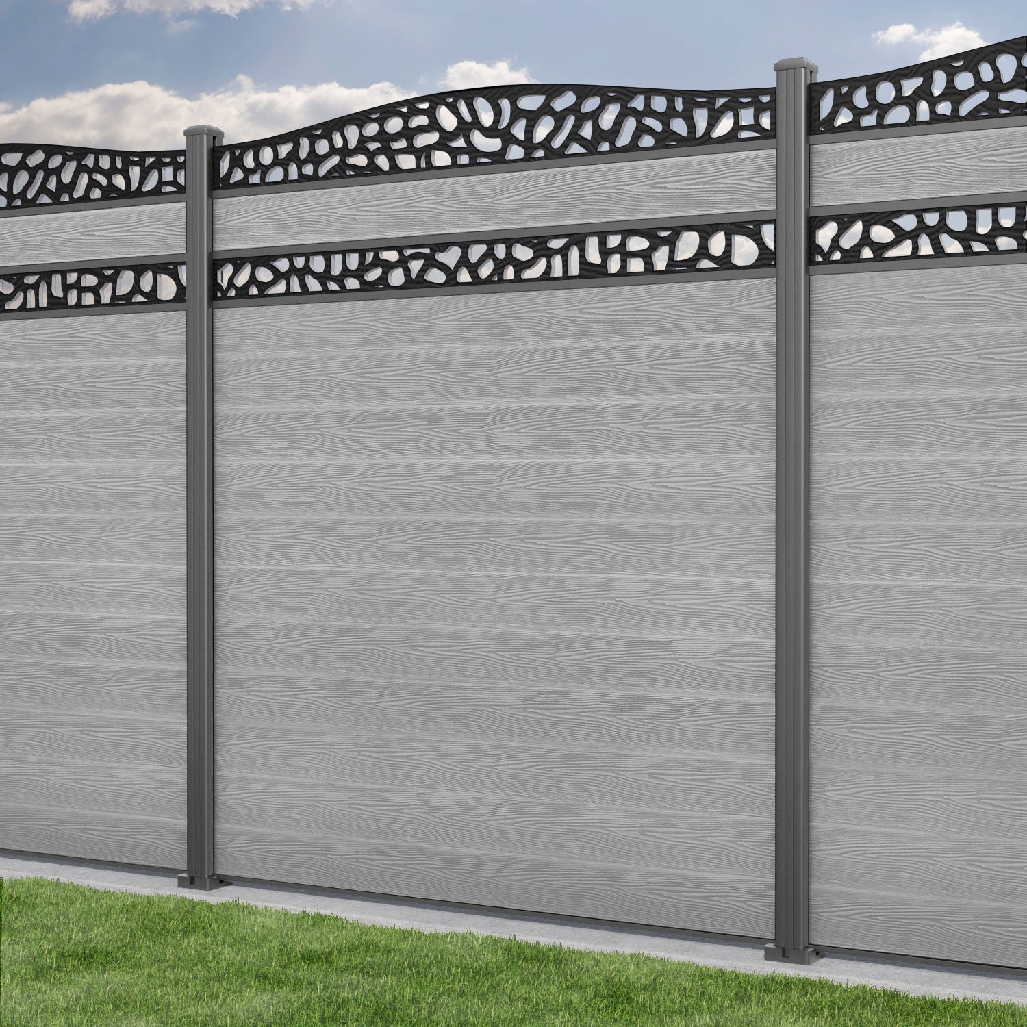 Classic Pebble Curved Top Split Screen Fence Panel - Light Grey - with our aluminium posts