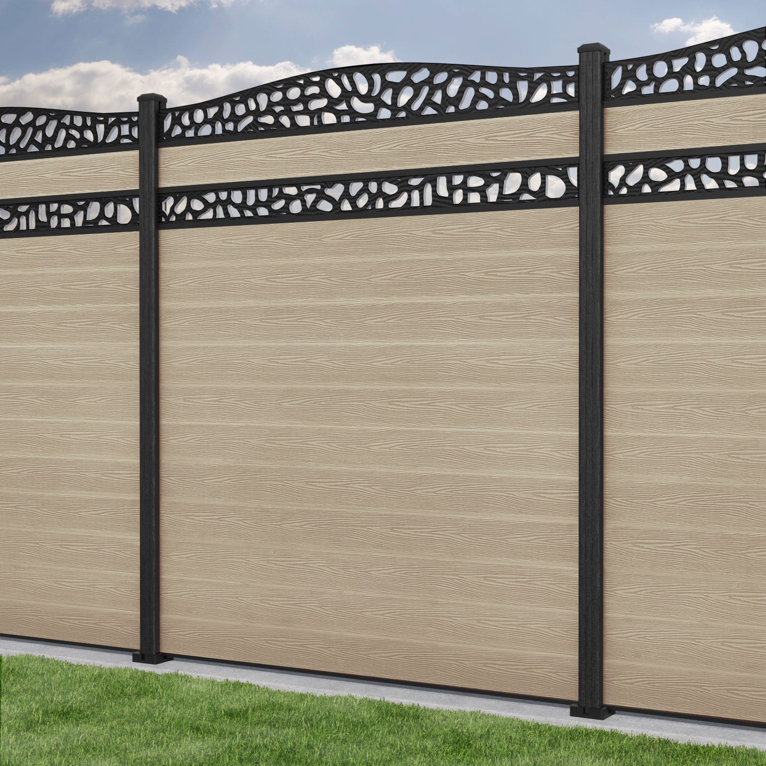 Classic Pebble Curved Top Split Screen Fence Panel - Light Oak - with our composite posts