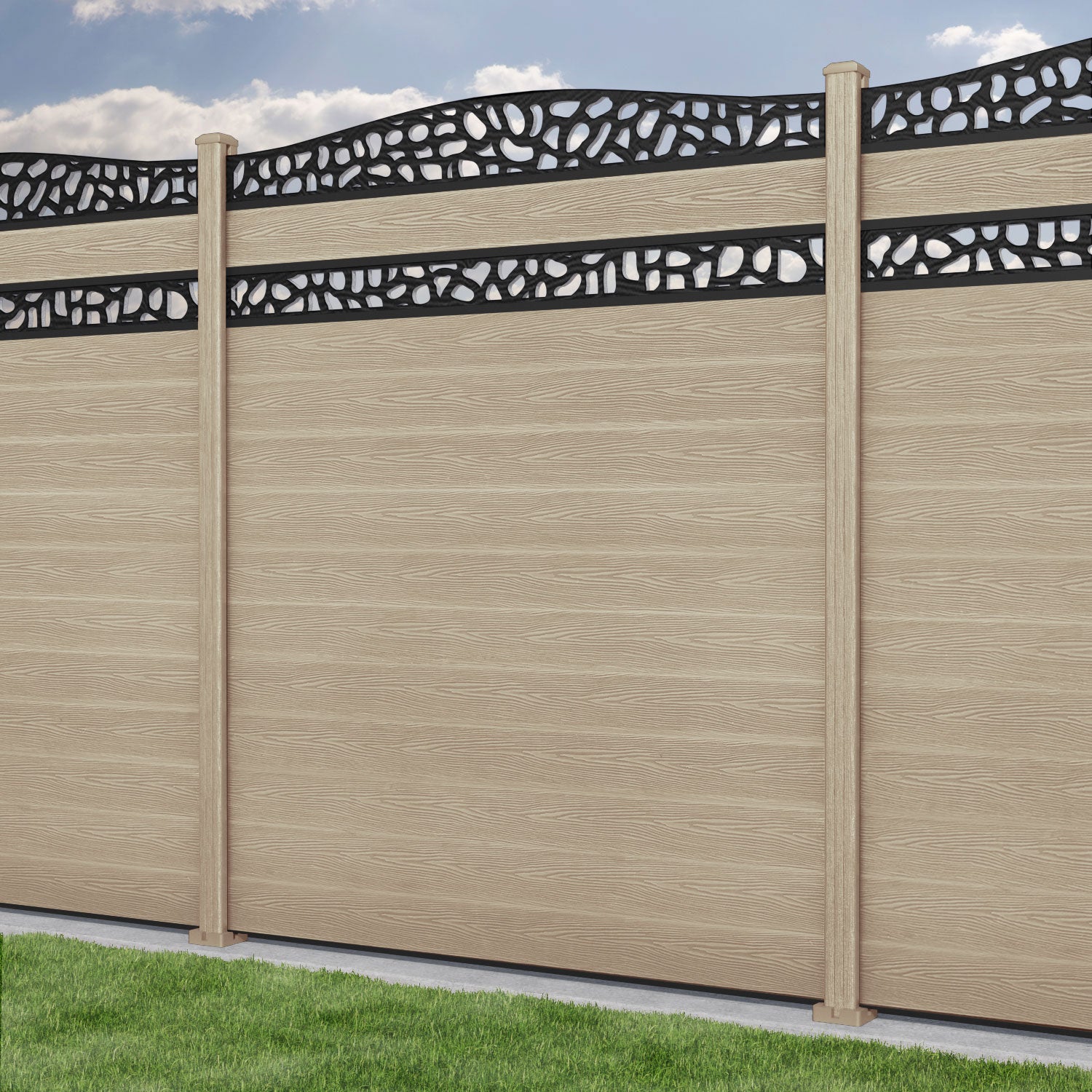 Classic Pebble Curved Top Split Screen Fence Panel - Light Oak - with our composite posts