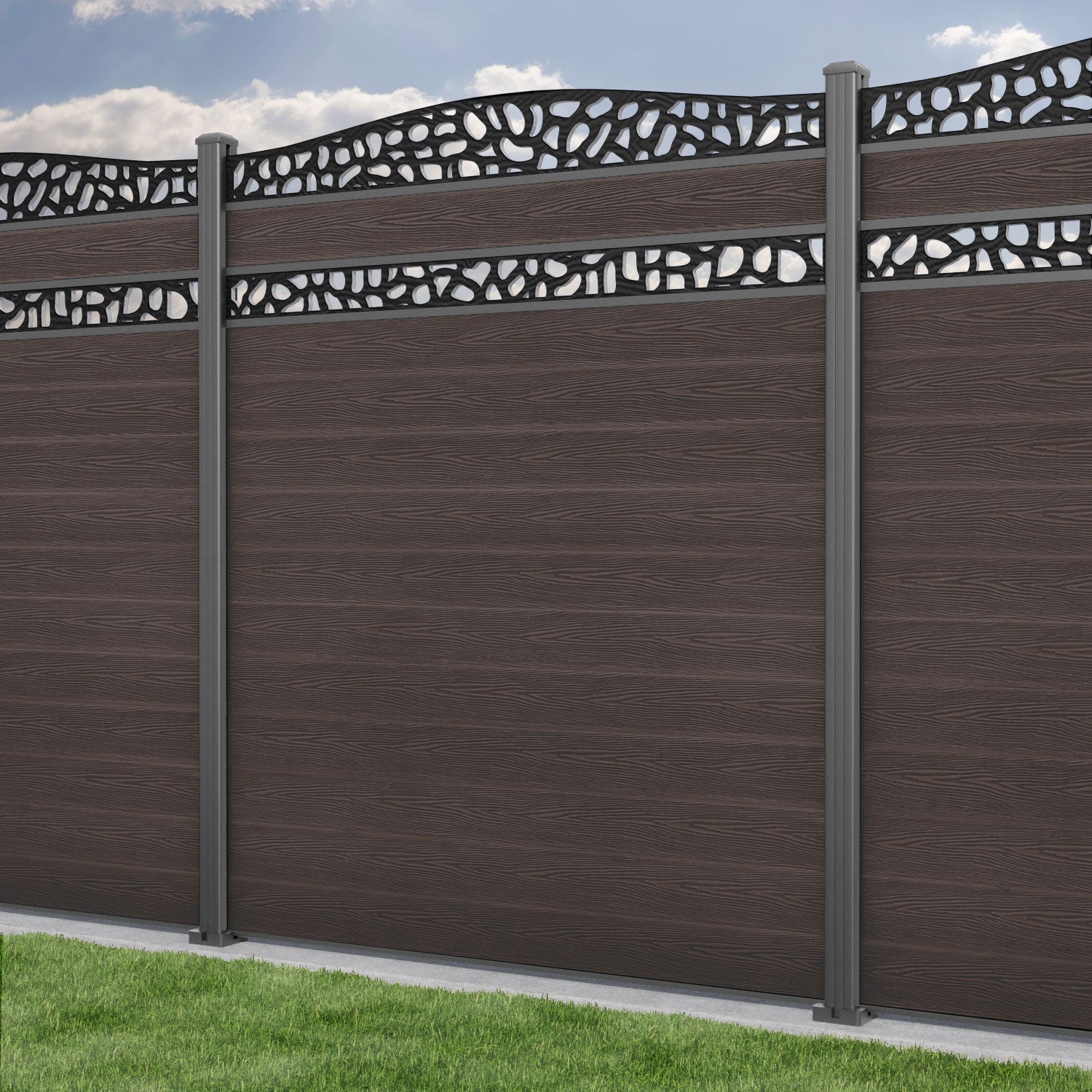 Classic Pebble Curved Top Split Screen Fence Panel - Mid Brown - with our aluminium posts