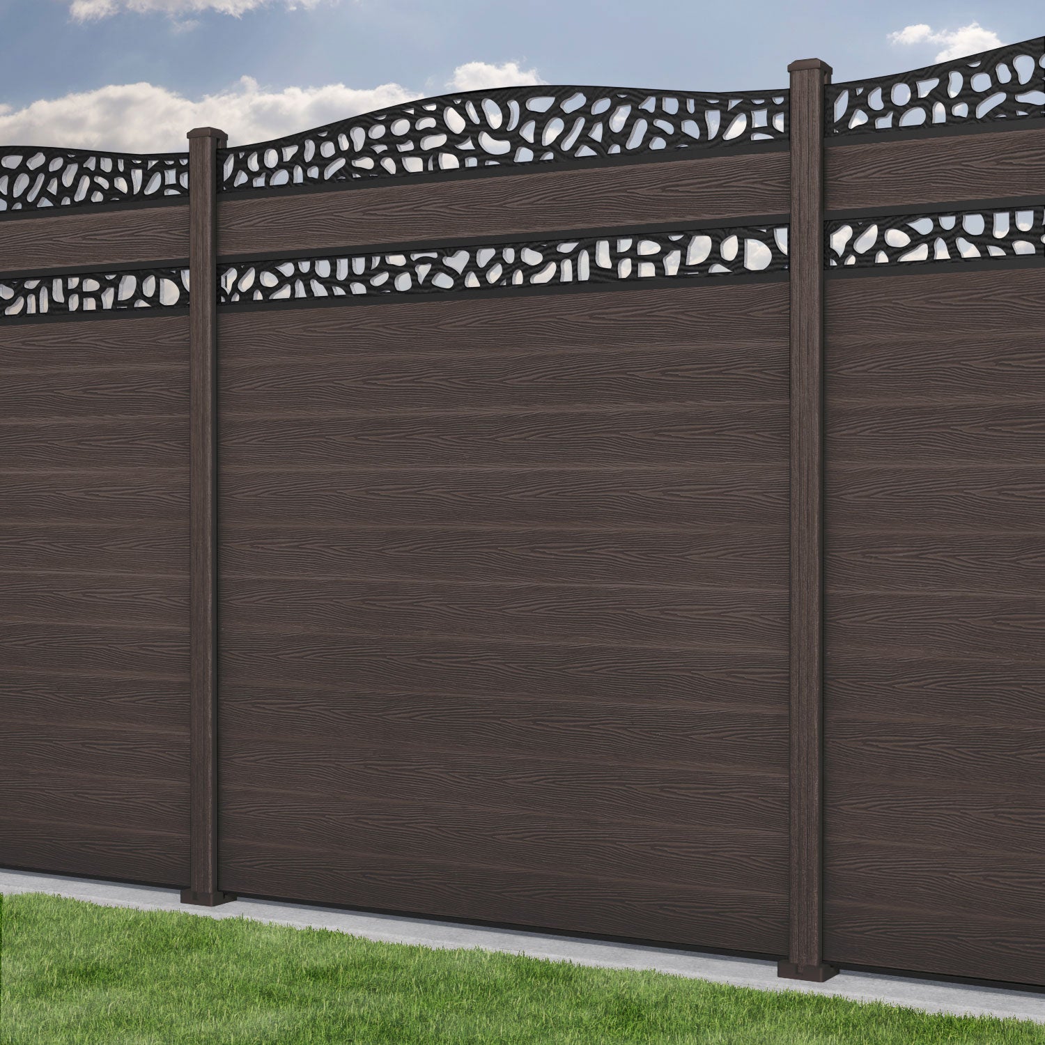 Classic Pebble Curved Top Split Screen Fence Panel - Mid Brown - with our composite posts