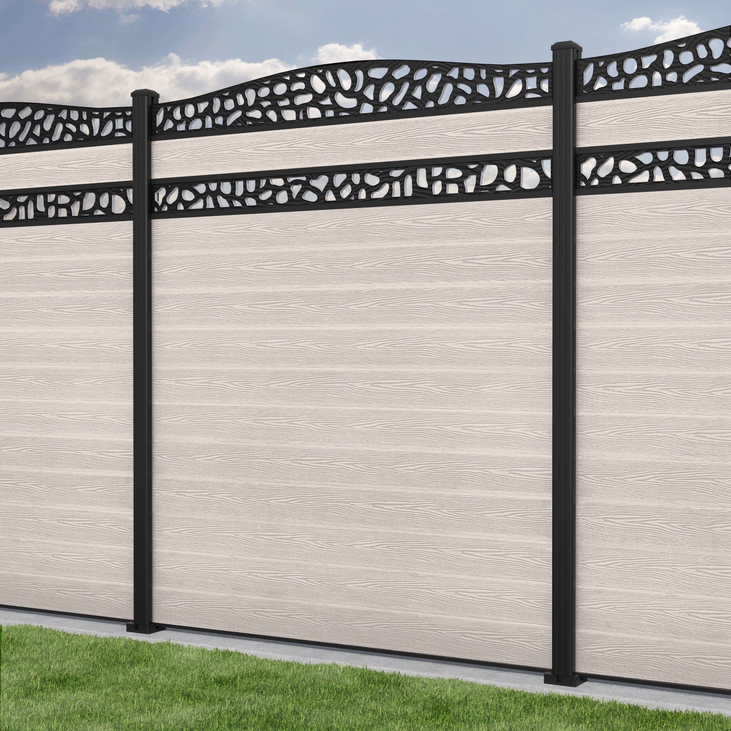 Classic Pebble Curved Top Split Screen Fence Panel - Mid Stone - with our aluminium posts