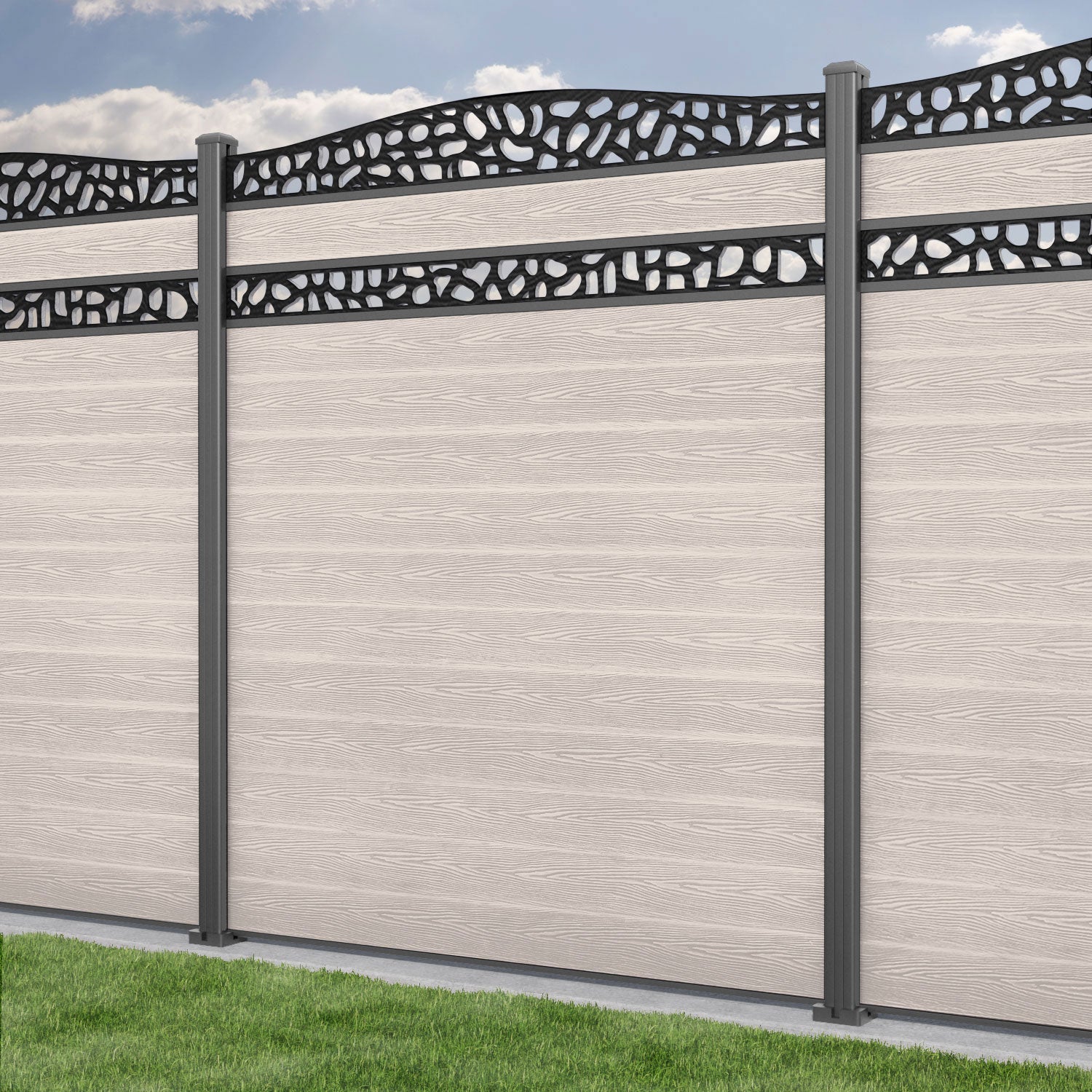 Classic Pebble Curved Top Split Screen Fence Panel - Mid Stone - with our aluminium posts