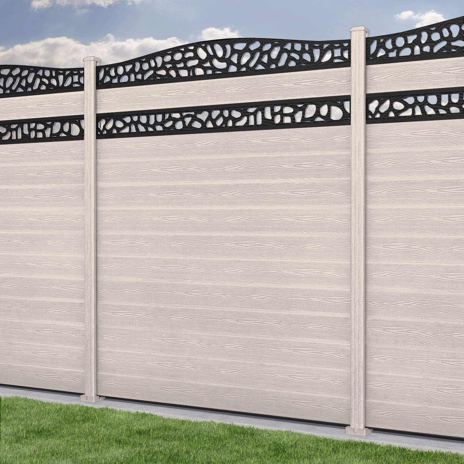 Classic Pebble Curved Top Split Screen Fence Panel - Mid Stone - with our composite posts