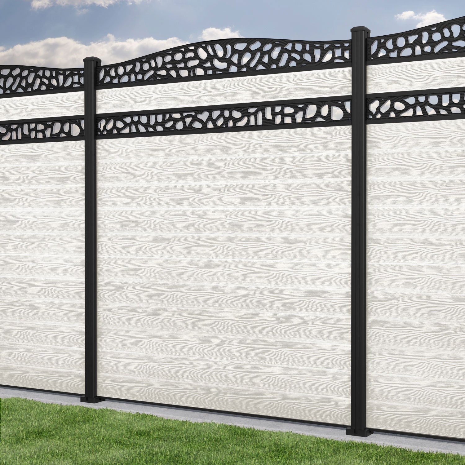 Classic Pebble Curved Top Split Screen Fence Panel - Light Stone - with our aluminium posts