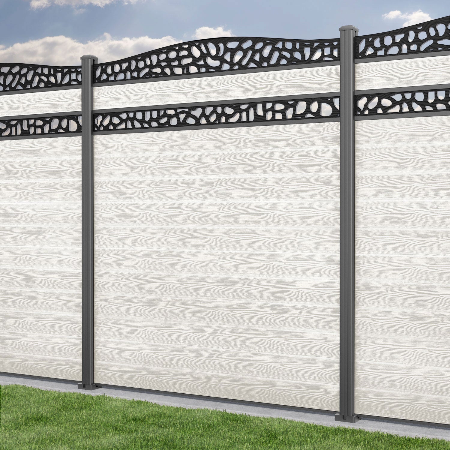 Classic Pebble Curved Top Split Screen Fence Panel - Light Stone - with our aluminium posts