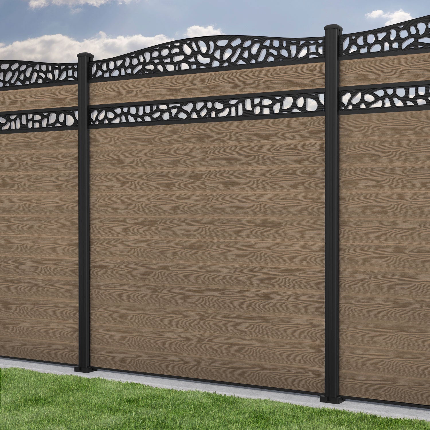 Classic Pebble Curved Top Split Screen Fence Panel - Teak - with our aluminium posts