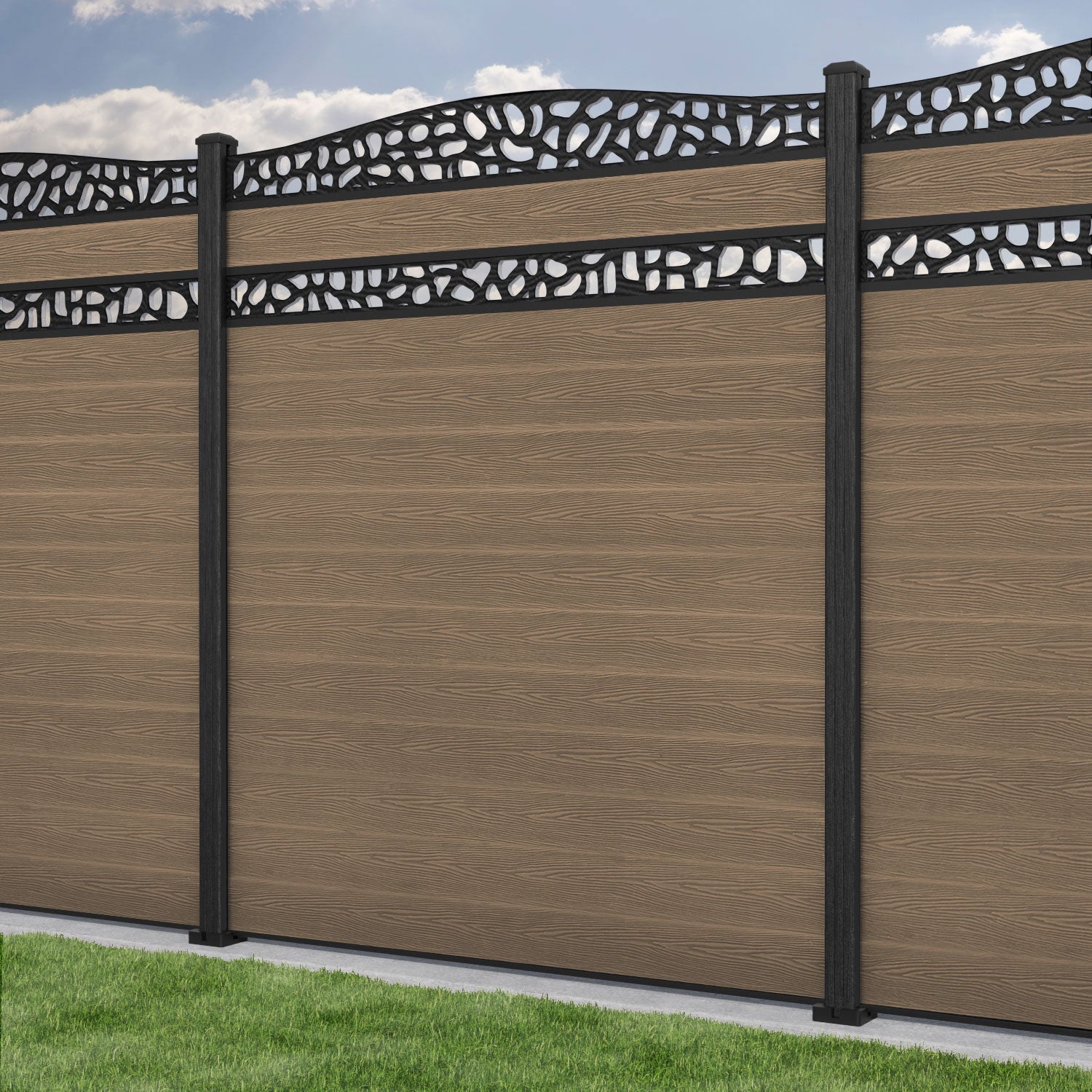 Classic Pebble Curved Top Split Screen Fence Panel - Teak - with our composite posts