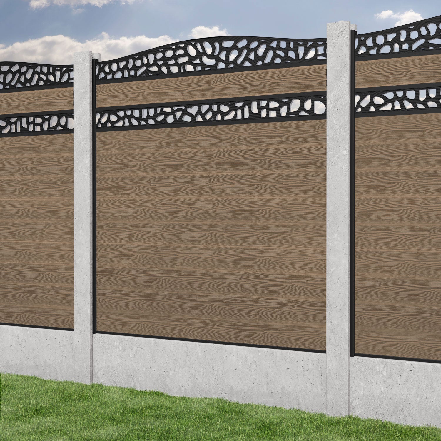 Classic Pebble Curved Top Split Screen Fence Panel - Teak - for existing concrete posts