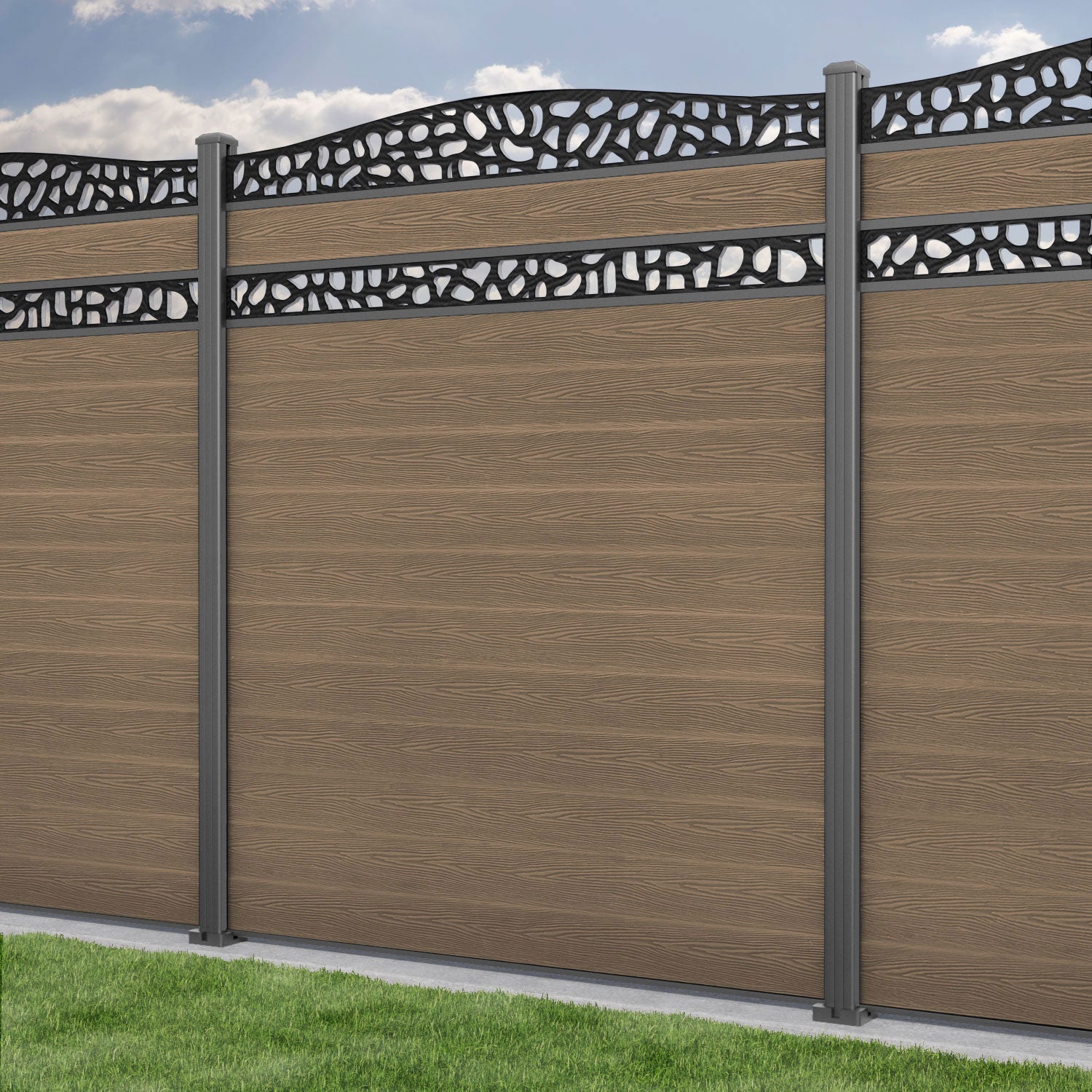 Classic Pebble Curved Top Split Screen Fence Panel - Teak - with our aluminium posts