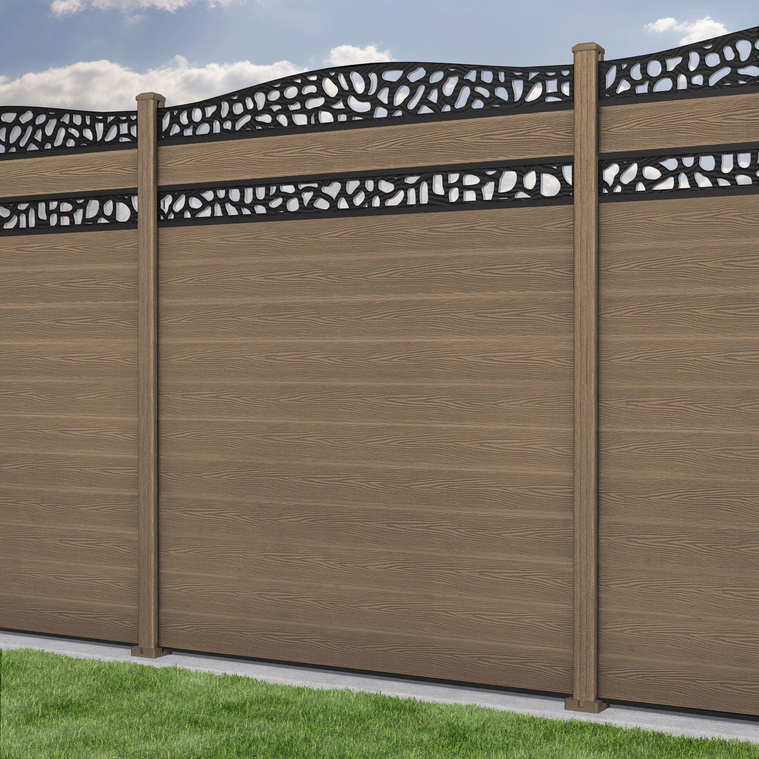 Classic Pebble Curved Top Split Screen Fence Panel - Teak - with our composite posts
