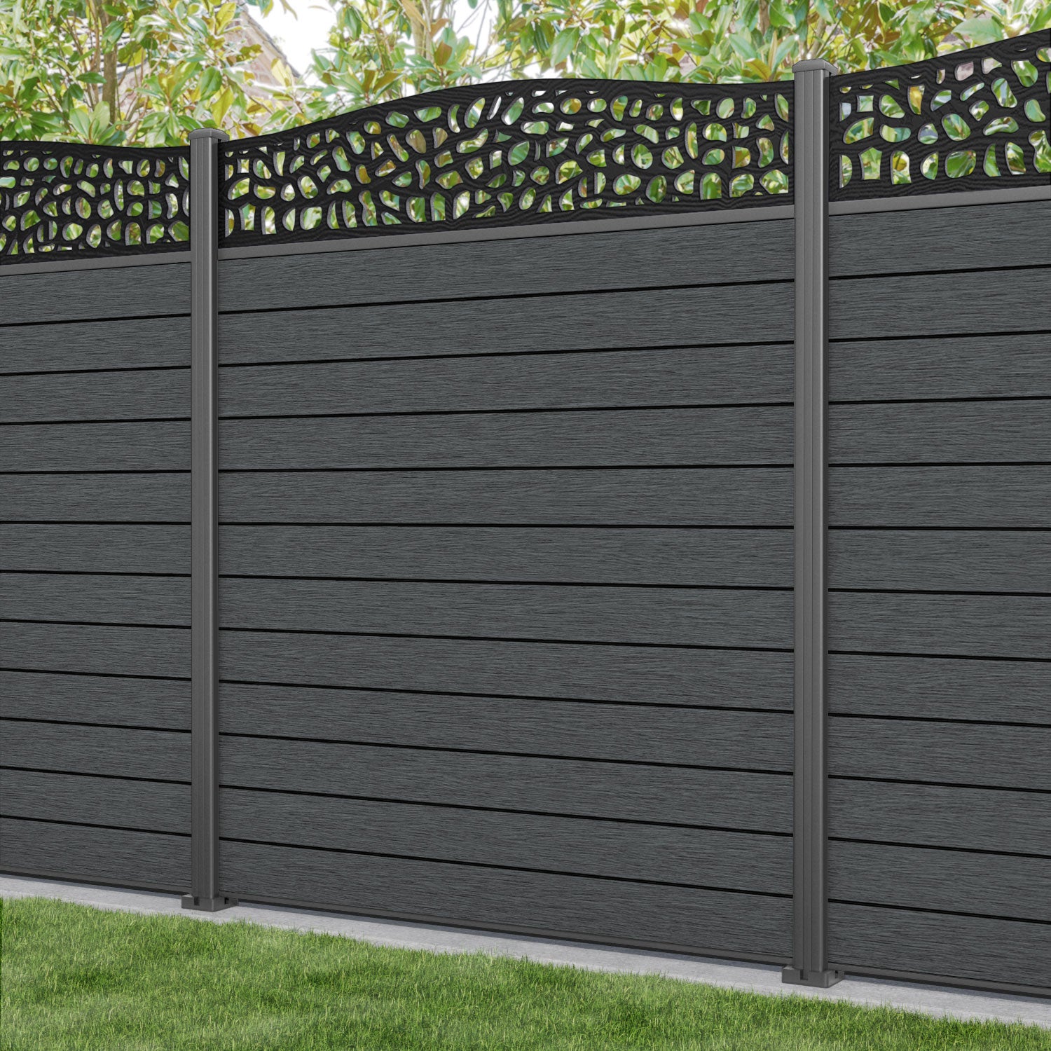 Fusion Pebble Curved Top Fence Panel - Dark Grey - with our aluminium posts