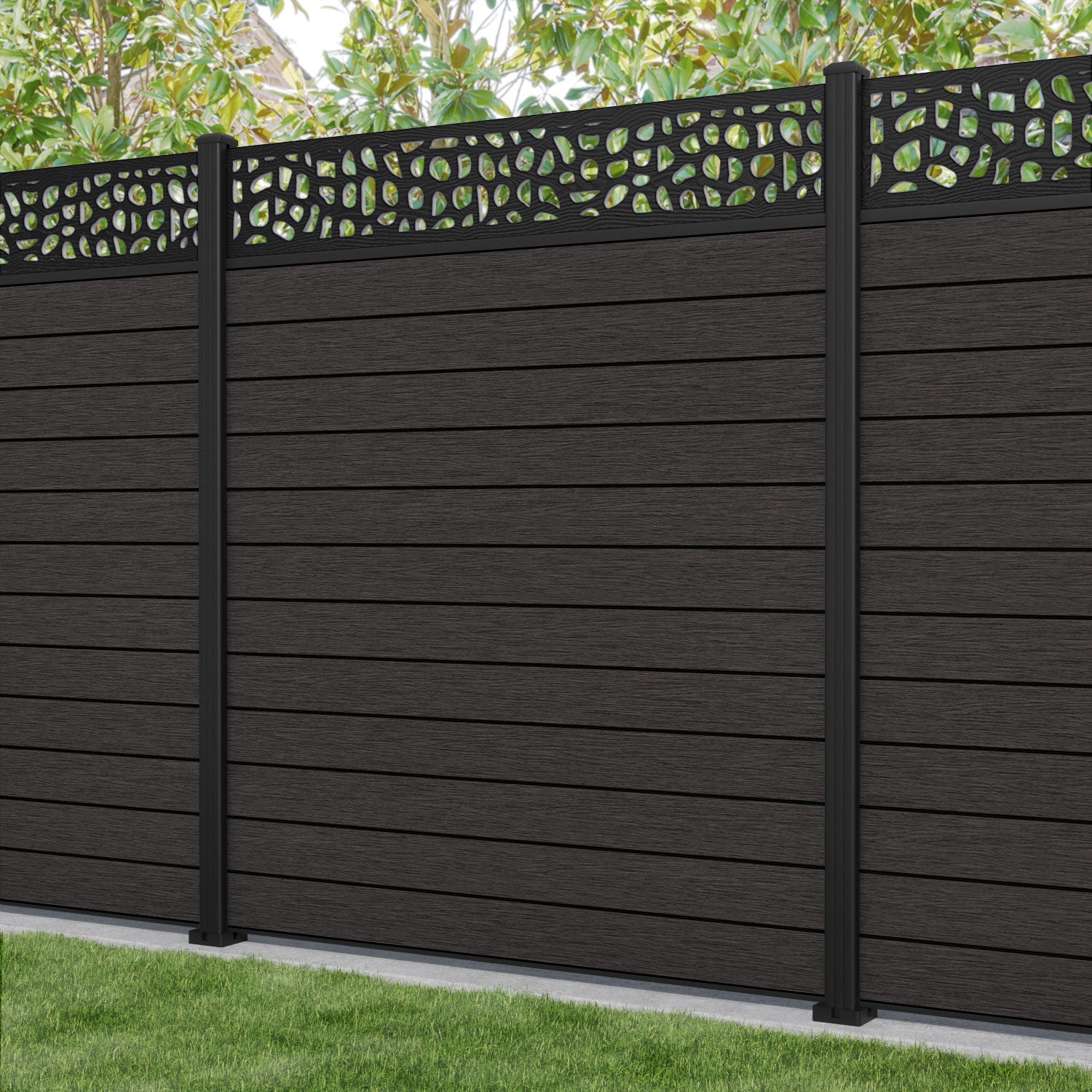 Fusion Pebble Fence Panel - Dark Oak - with our aluminium posts