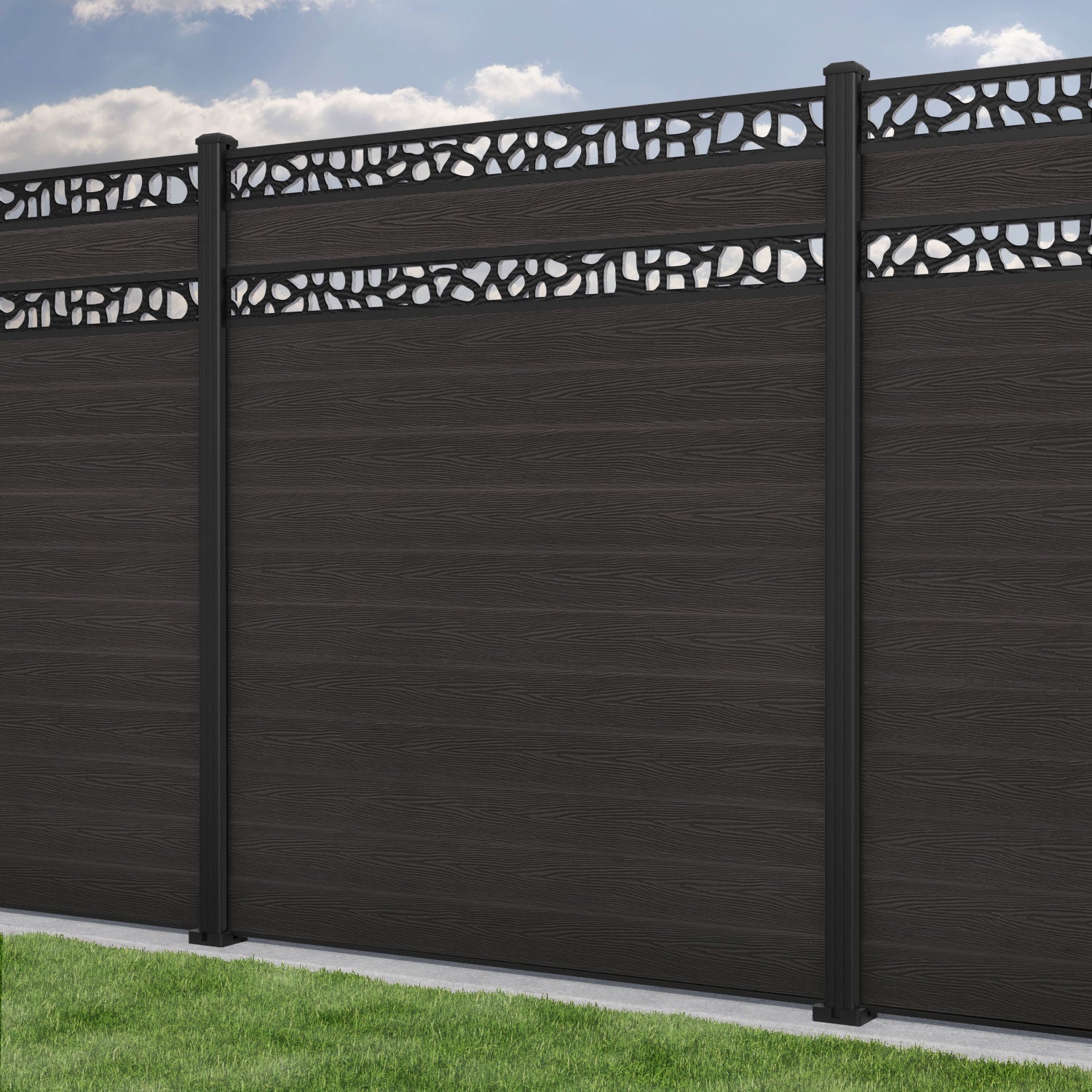 Classic Pebble Split Screen Fence Panel - Dark Oak - with our aluminium posts