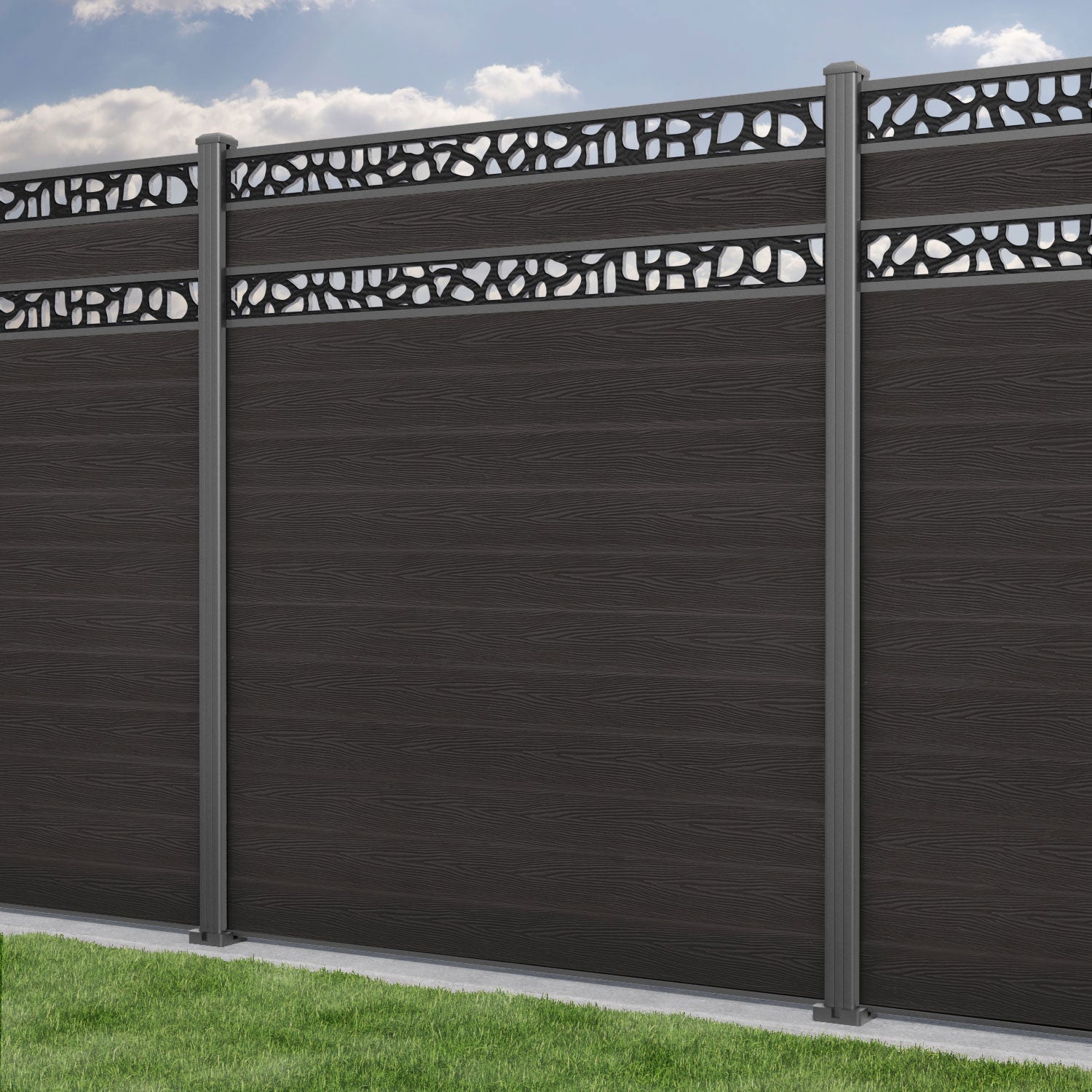 Classic Pebble Split Screen Fence Panel - Dark Oak - with our aluminium posts