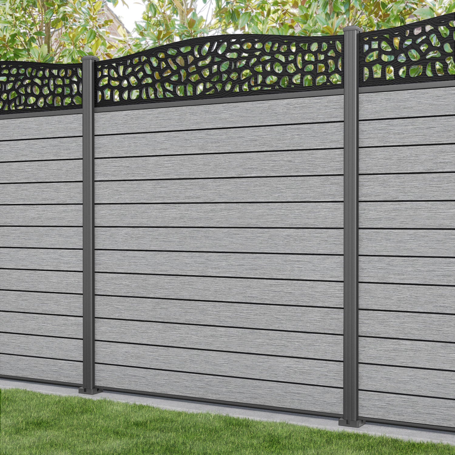 Fusion Pebble Curved Top Fence Panel - Light Grey - with our aluminium posts