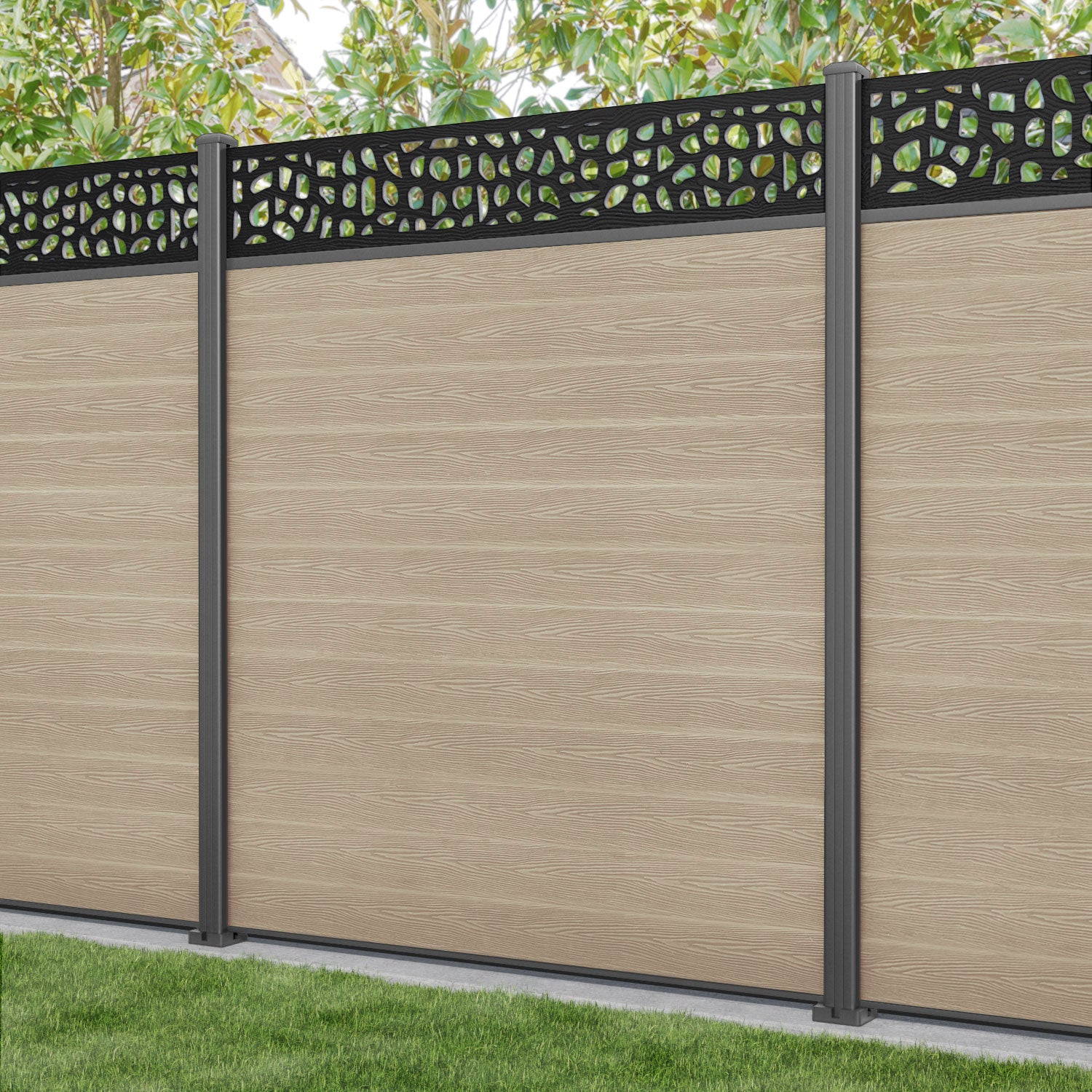 Classic Pebble Fence Panel - Light Oak - with our aluminium posts