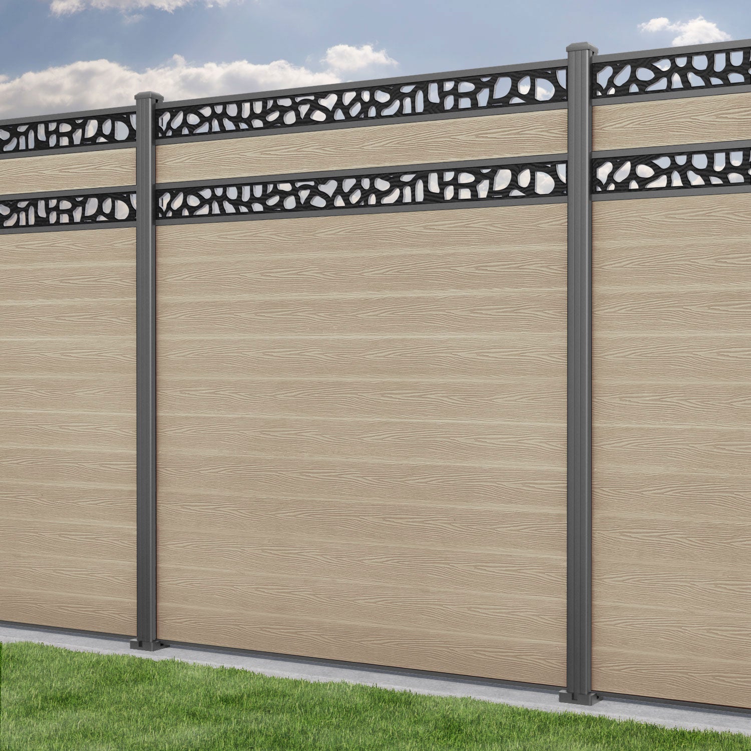 Classic Pebble Split Screen Fence Panel - Light Oak - with our aluminium posts
