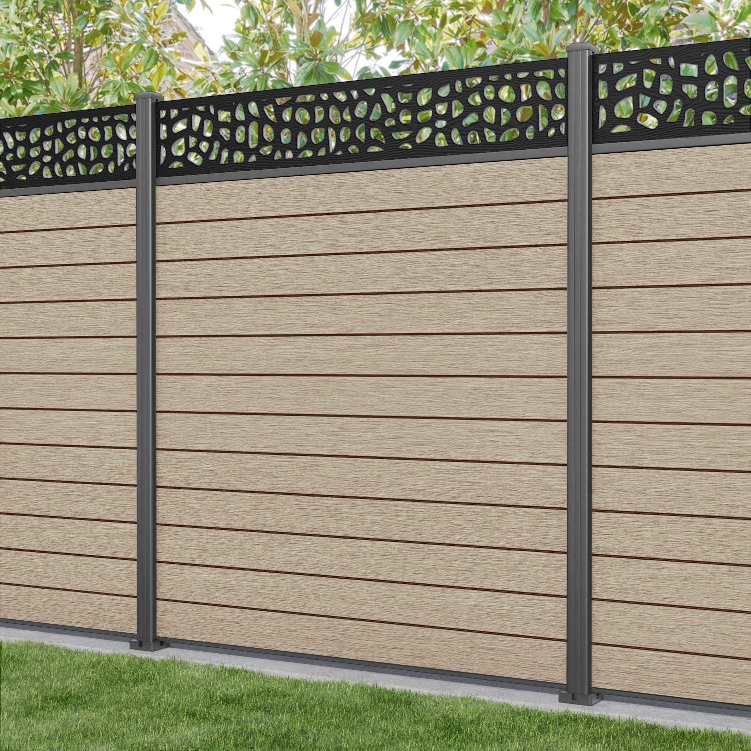 Fusion Pebble Fence Panel - Light Oak - with our aluminium posts