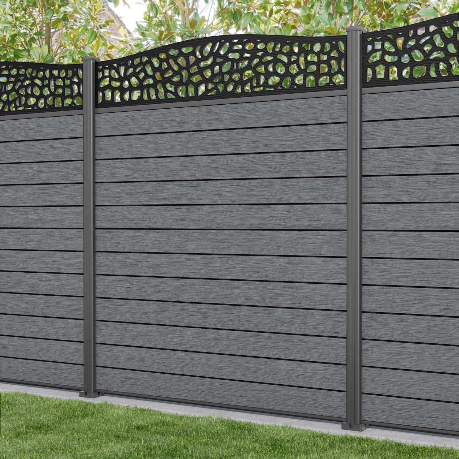 Fusion Pebble Curved Top Fence Panel - Mid Grey - with our aluminium posts