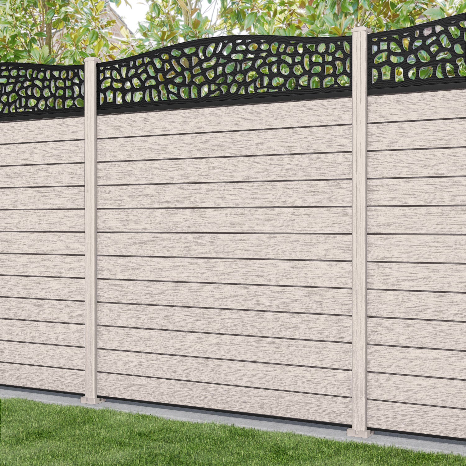 Fusion Pebble Curved Top Fence Panel - Mid Stone - with our composite posts