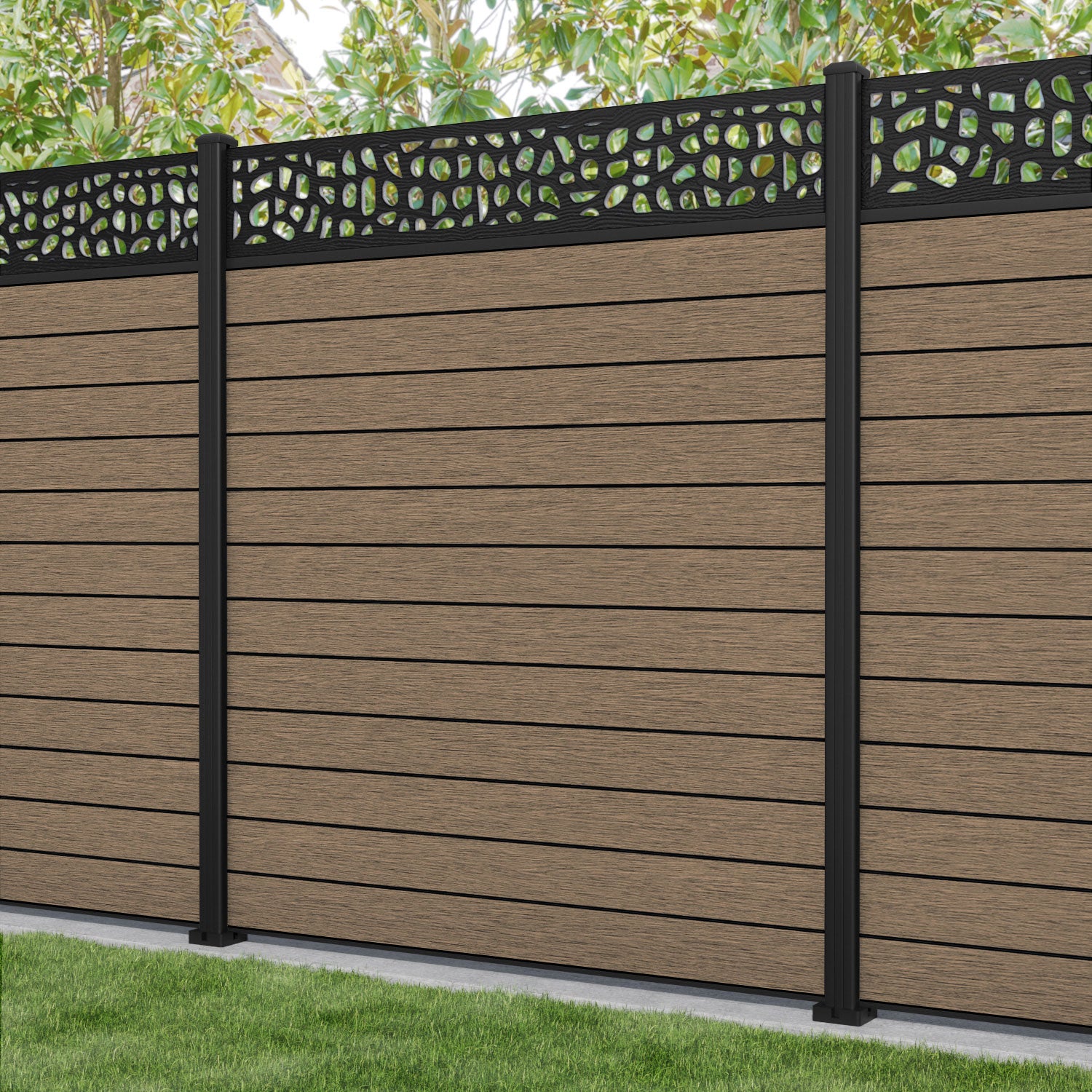 Fusion Pebble Fence Panel - Teak - with our aluminium posts